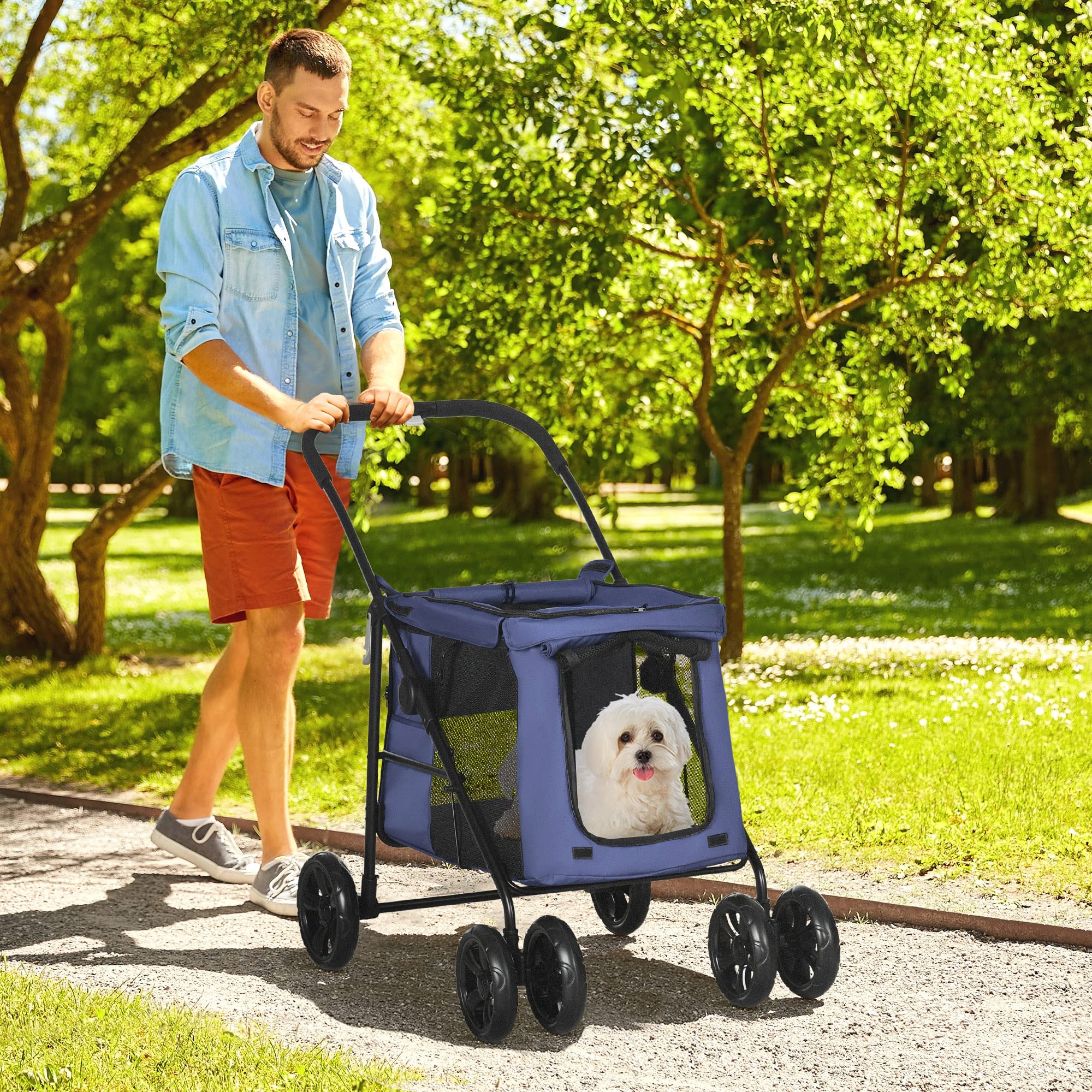 PawHut poussette pour chien, buggy pliable pour chien, trolley pour chien avec coussin, buggy pour chat jusqu'à 20 kg, poussette pour chat pour chiens de petite et moyenne taille avec poches