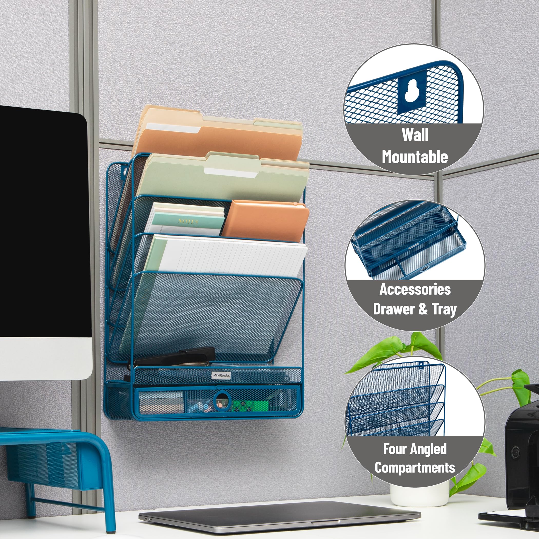 Mind Reader Organizer verticale a 4 livelli, organizer da scrivania, montaggio a parete, ufficio, rete metallica, 31,8 x 10,2 x 41,9 cm, turchese