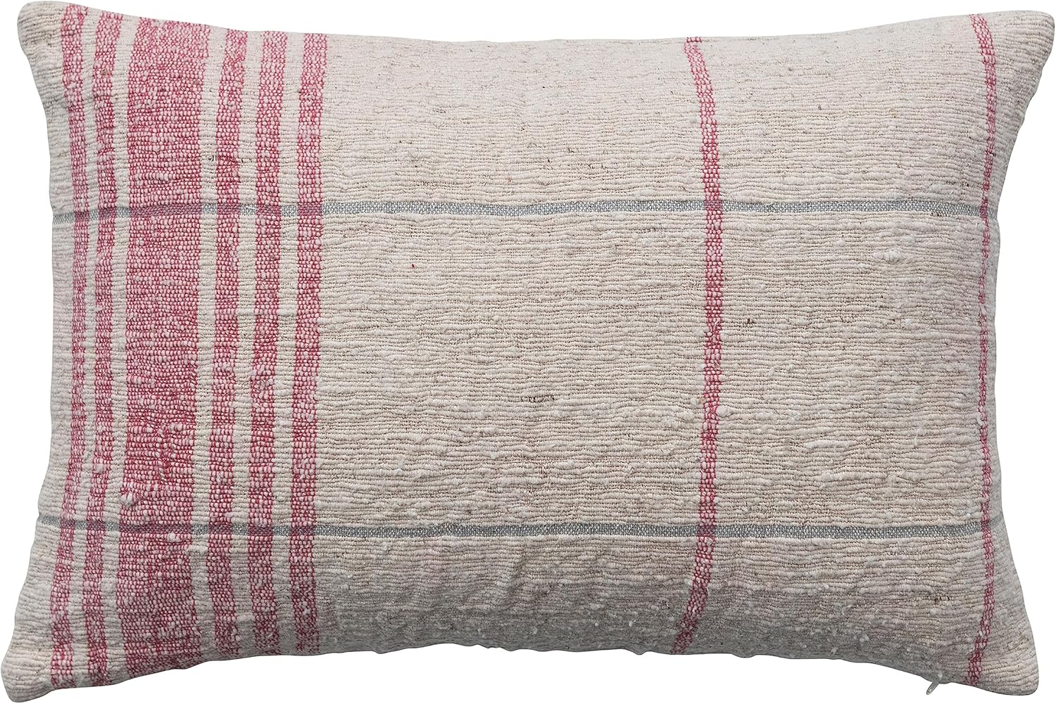 Creative Co-Op 24 Inches Woven Cotton Slub Lumbar Grid Pattern, Natural and Red Pillow