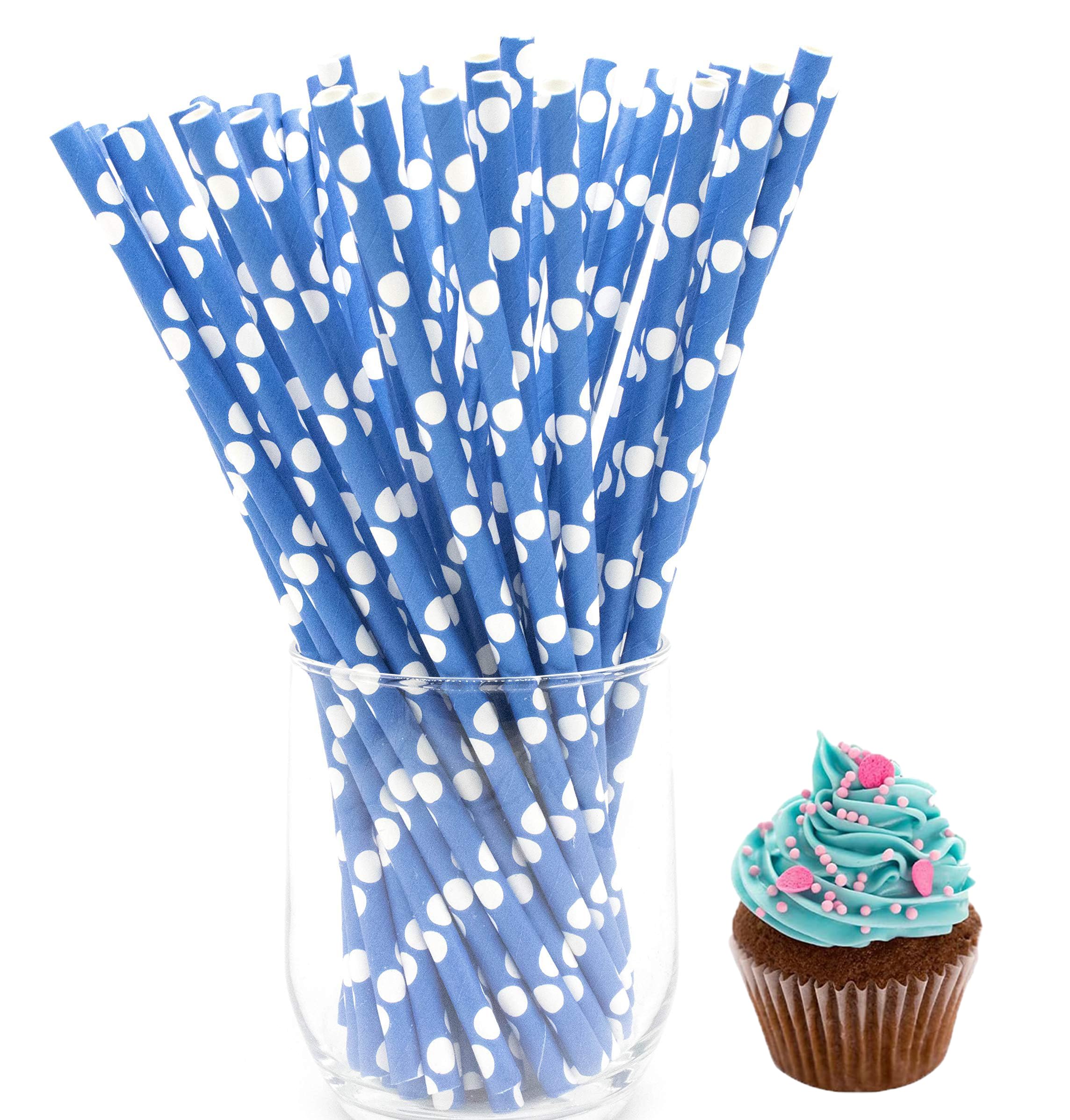 Sweet seven Fancy Biodegradable Paper Drinking Straws - 100 Pcs Bulk Colorful Straws for Parties, Birthdays, Weddings, DIY Decorations, and More! White Dots on a Dark Blue Background