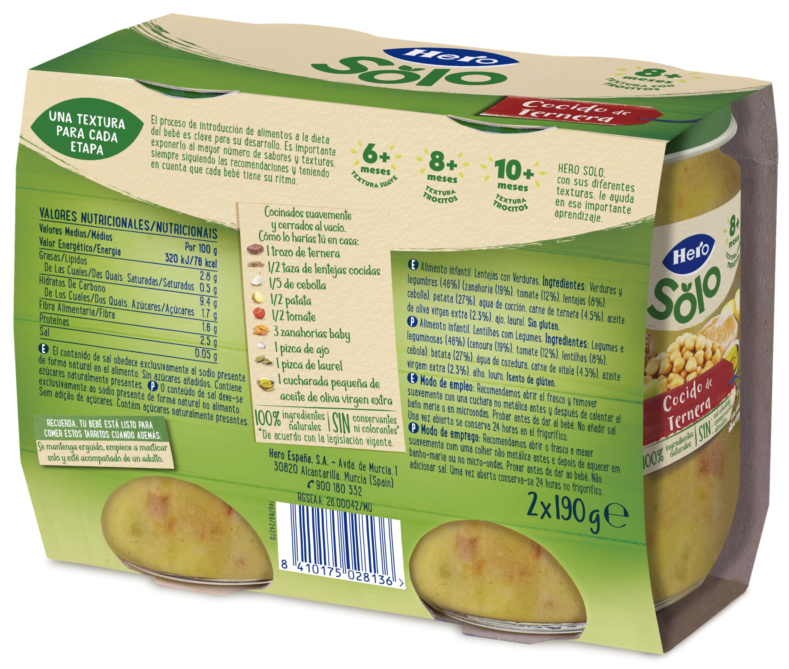 Hero Baby Recetas Caseras Potito de Cocido de Ternera para Bebés a partir de 8 meses Pack de 2 x 190 g