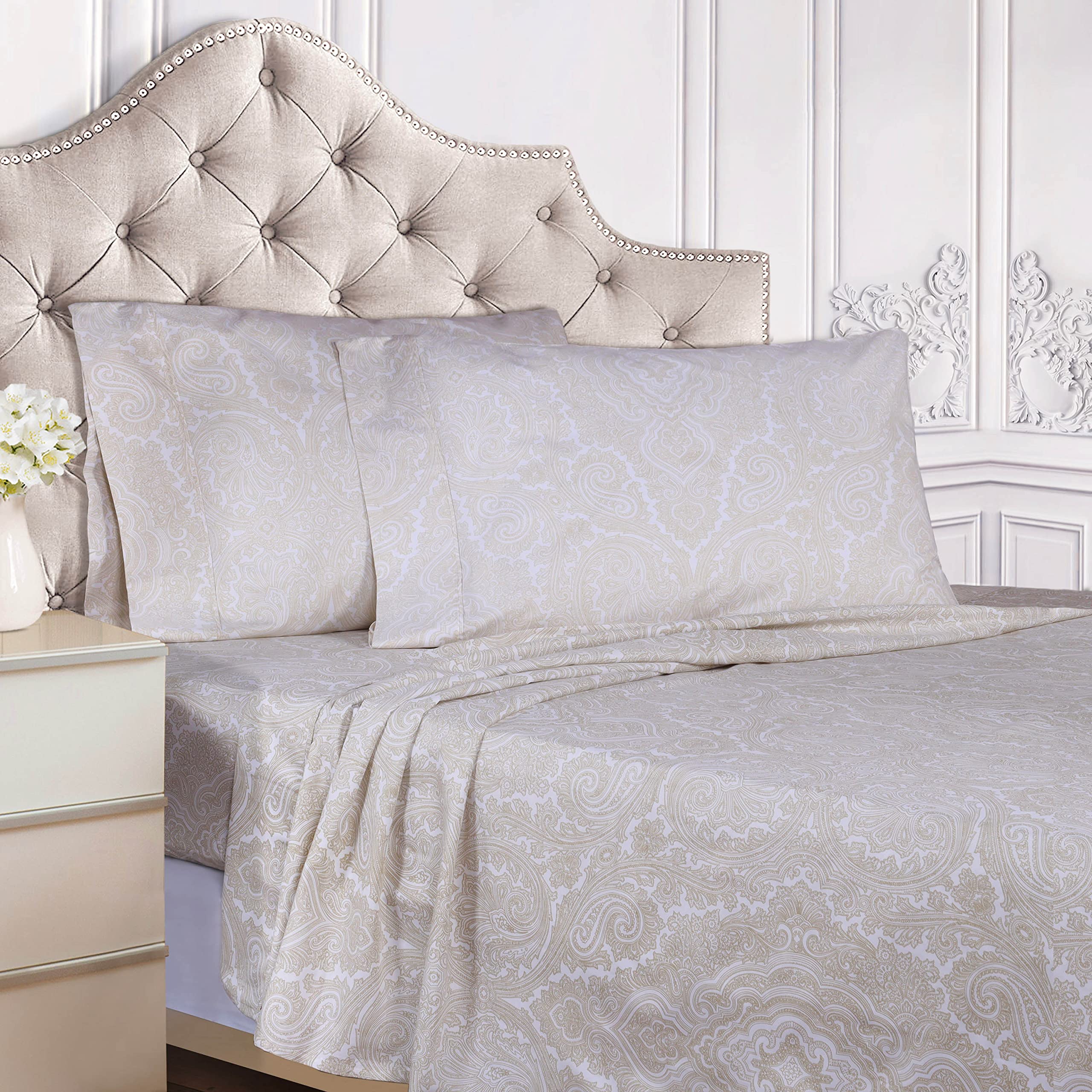 Superior 600 Thread Count Cotton Blend Bed Sheet Set, Italian Paisley Design, Includes 1 Fully Elastic Deep Pocket Fitted Sheet, 1 Flat Sheet, 2 Pillowcases, Sateen Weave, Queen, White