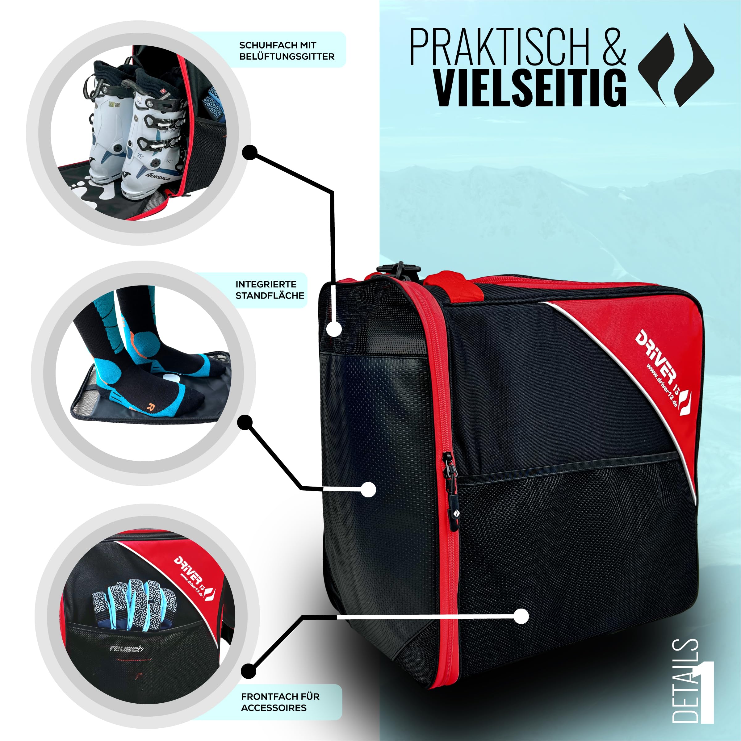 Driver13 ® Bolsa para Botas de esquí Bolsa para Botas de esquí con Compartimento para Casco para Botas Blandas duras inliner y Bolsa para Botas Negro-Rojo