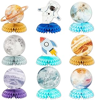 WATINC 9pcs First Trip Around the Sun Space Party Honeycomb Centerpieces, Outer Space Themed Table Topper Decorations, Solar System Planet Party Tabletop Decor for Kids Birthday Baby Shower Supplies