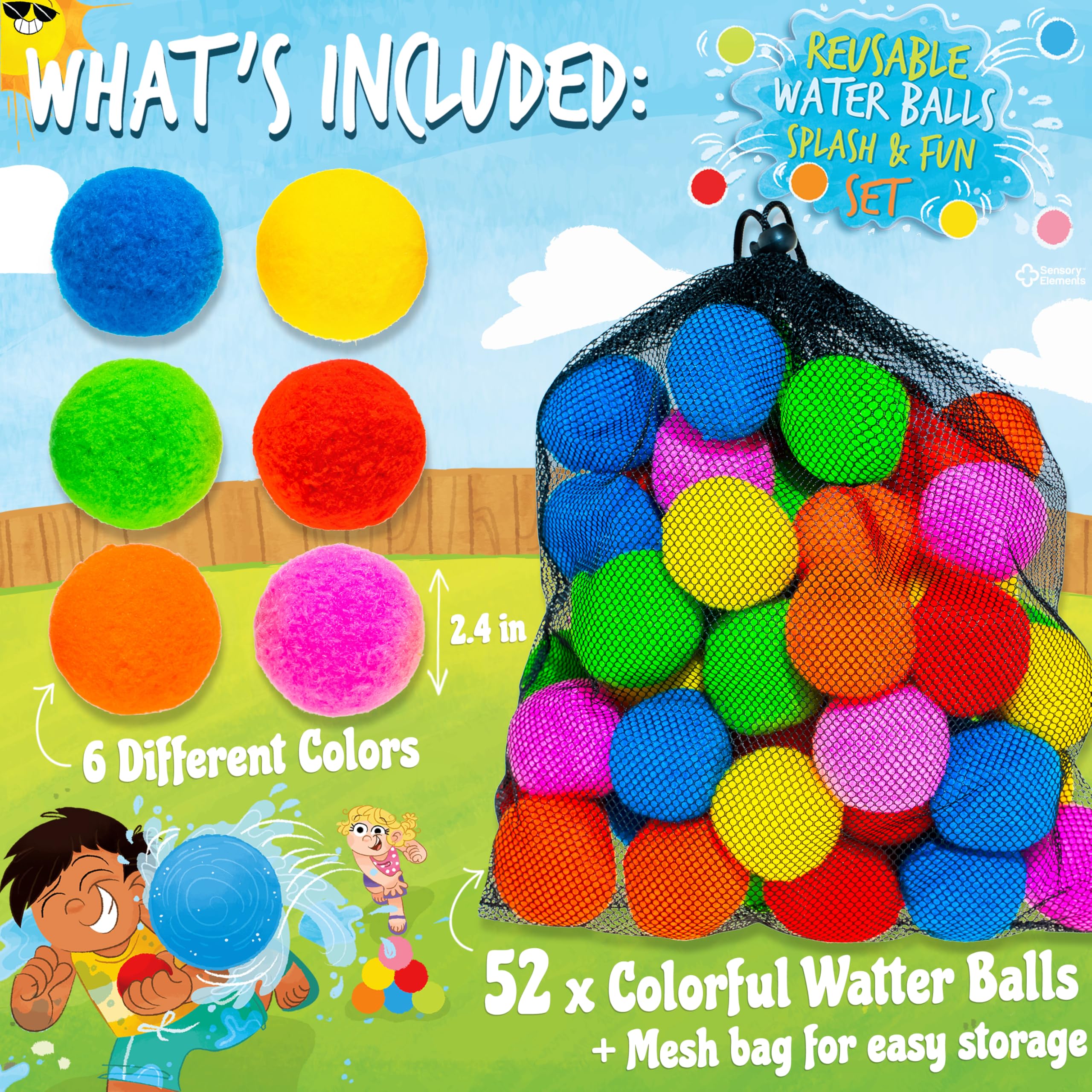 Reusable Water Balls Splash & Fun Set- 52 Colorful Cotton Splash Balls for Kids - Perfect for Outdoor Summer Fun, Pool Games, Water Play, Backyard Play, Perfect Water Toy Gift for Kids - Ages 5-12+ - Image 2