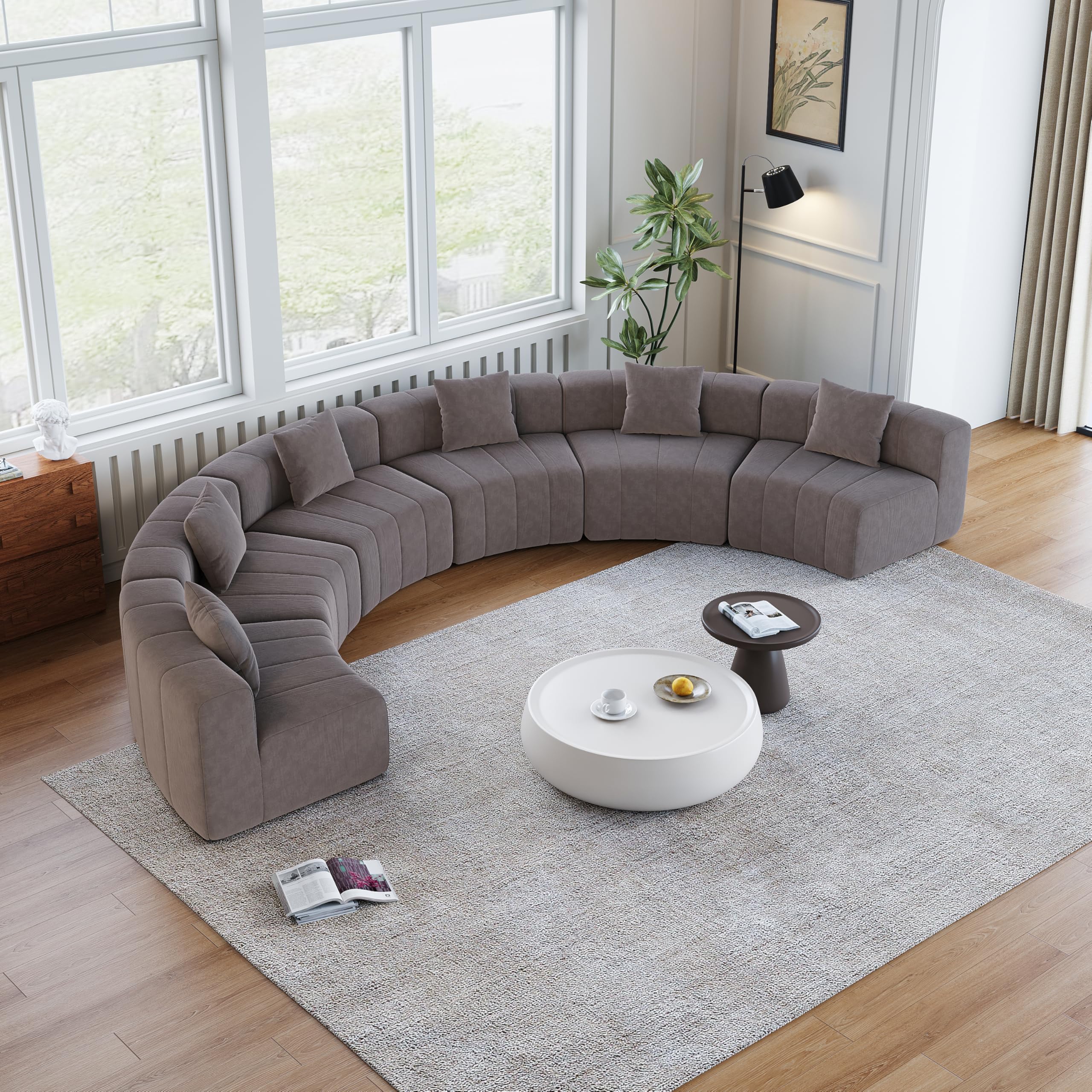 KEIKI Chenille Curved Sectional Sofa, 6 Seat Symmetrical Modular Semi Circular Modular Couch, Deep Seat Tufted Corner Sofa for Living Room, Lobby,