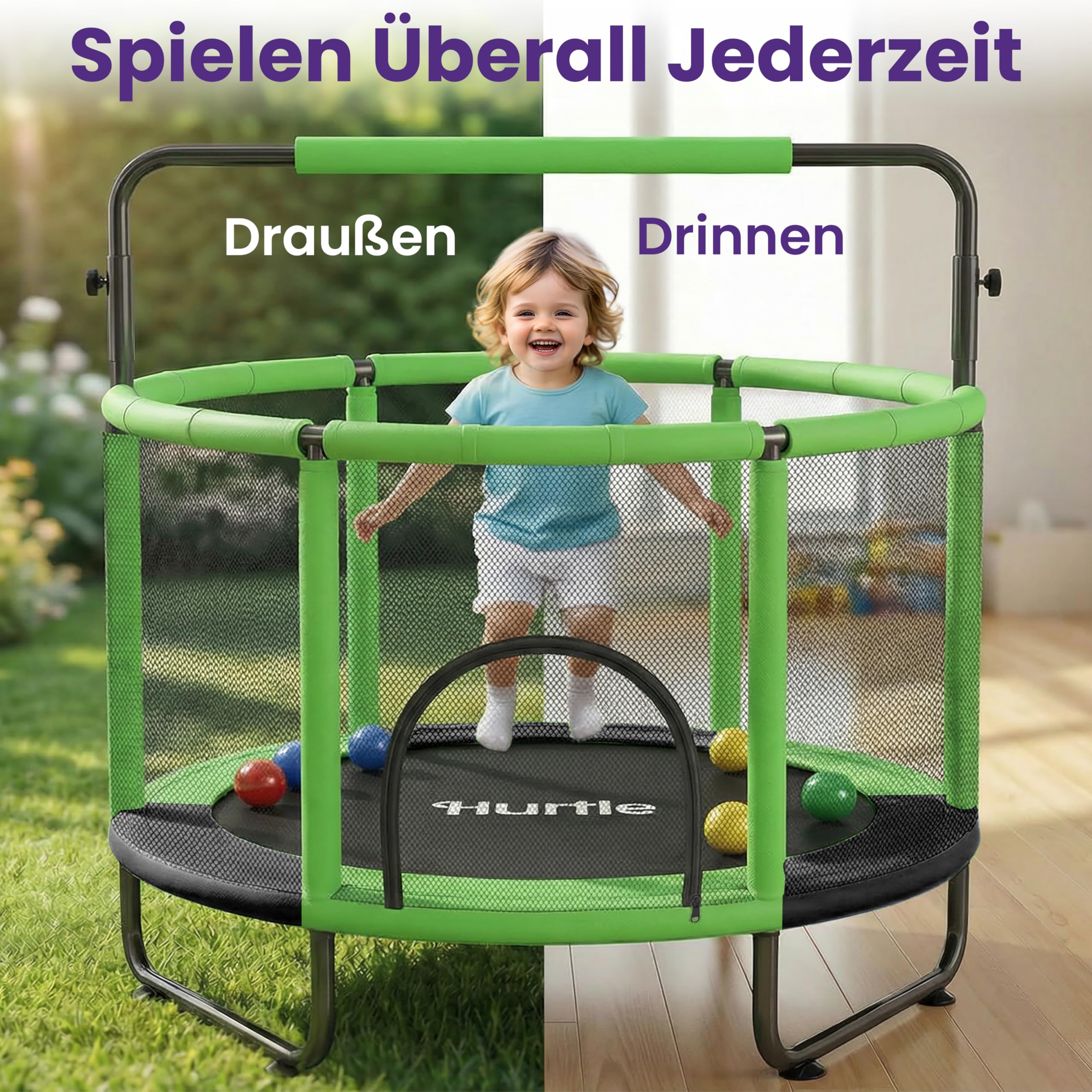 Hurtle Kindertrampolin - 140 cm mit Sicherheitsnetz – Trampolin Kinder Indoor Outdoor mit Haltestange, Schaukel, Ringe, Boxsack und Bällen bis 200 kg belastbar