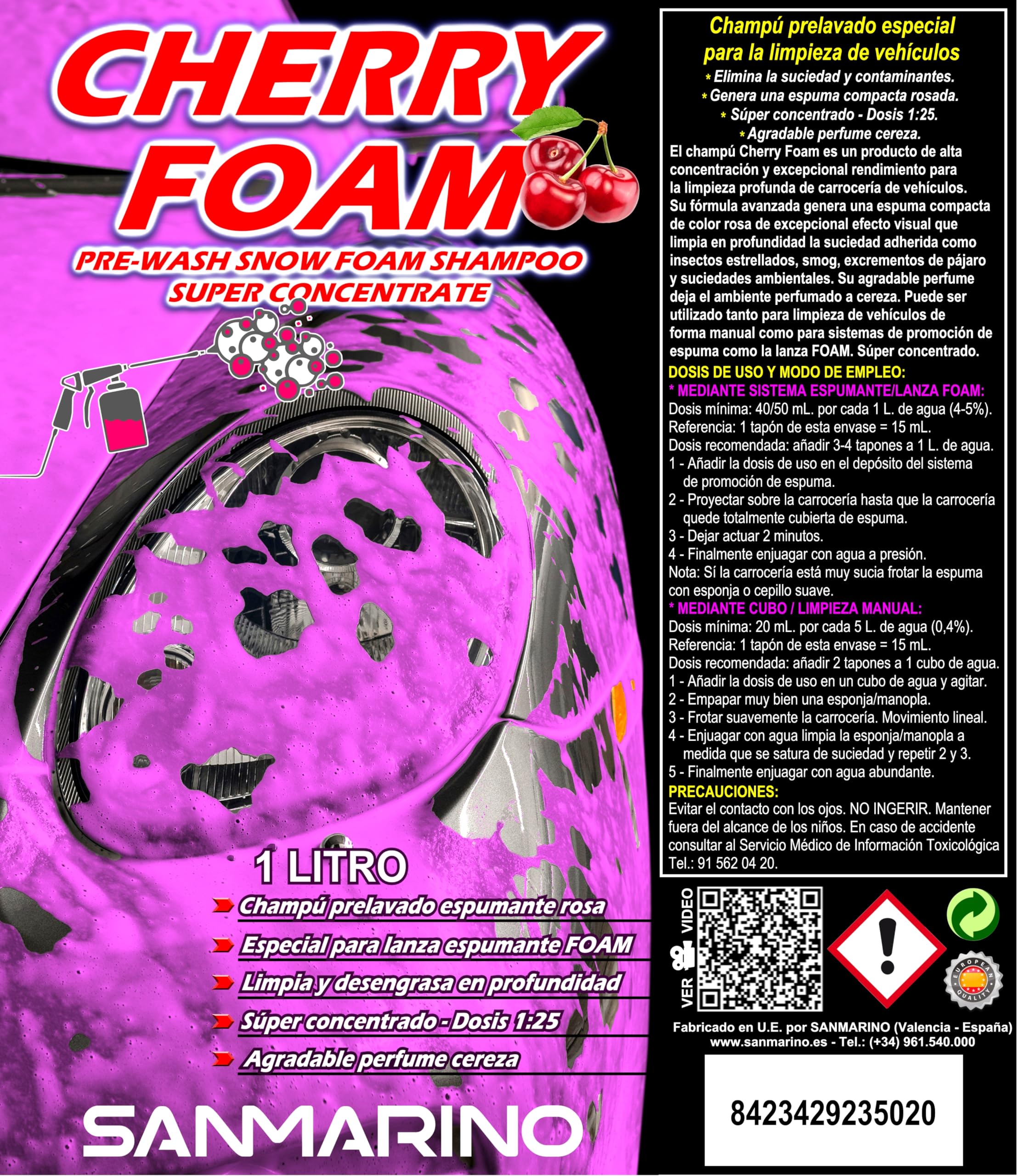 SANMARINO Champú coche Espuma Rosa 1 LITRO Lavado Coche y Moto Foam Rosa Espuma Activa - CHERRY FOAM