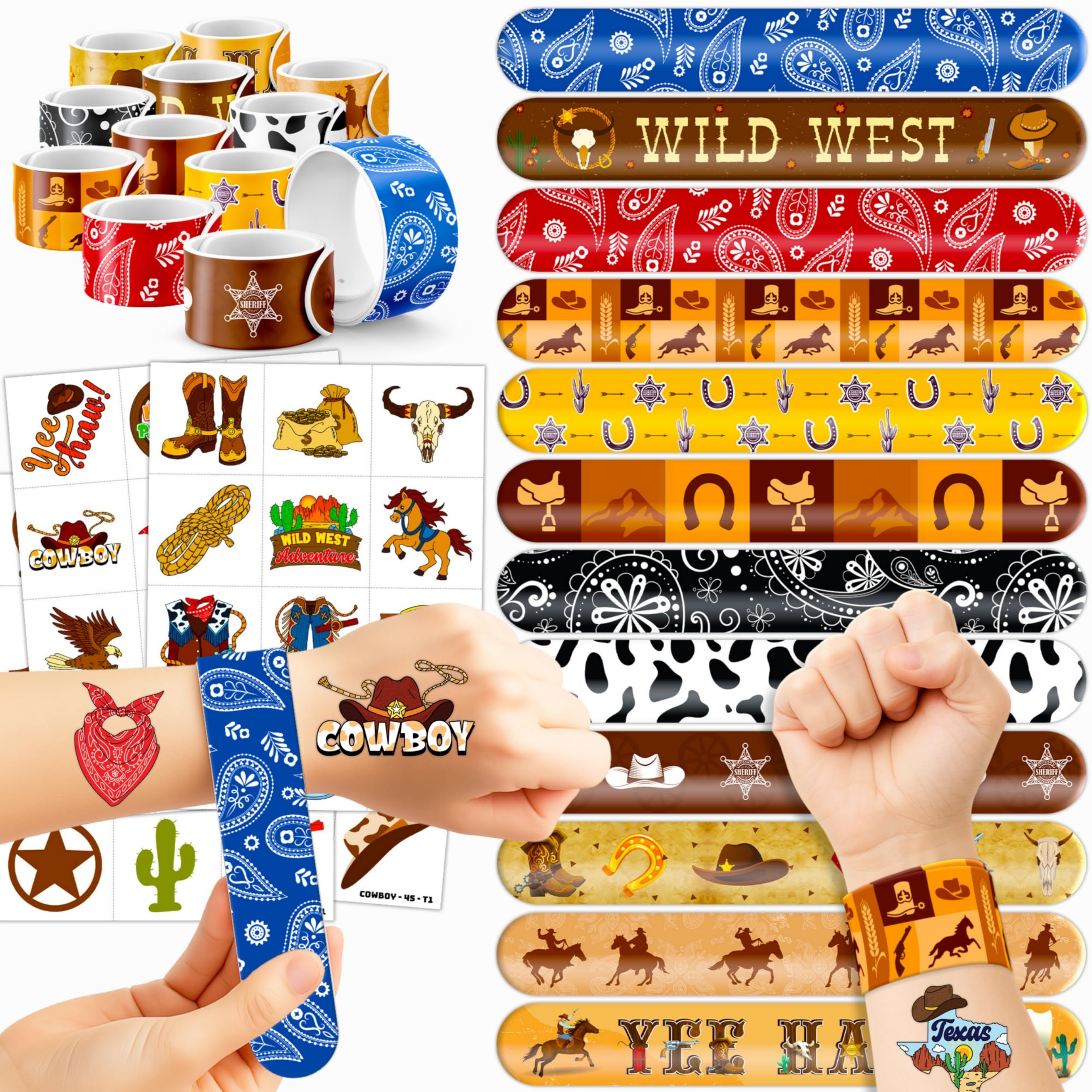 72PCS Cowboy Party Favors for Kids - 24 Slap Bracelets & 48 Pre-Cut Temporary Tattoos, Western Rodeo Birthday Party Supplies, Goodie Bag Fillers,