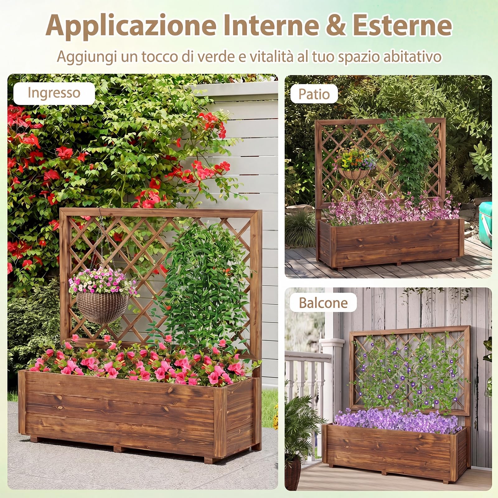 COSTWAY Fioriera Rialzata con Traliccio | Letto Rialzato da Giardino in Legno con Grigliato e Fori di Drenaggio, per Piante Rampicanti da Interno ed Esterno
