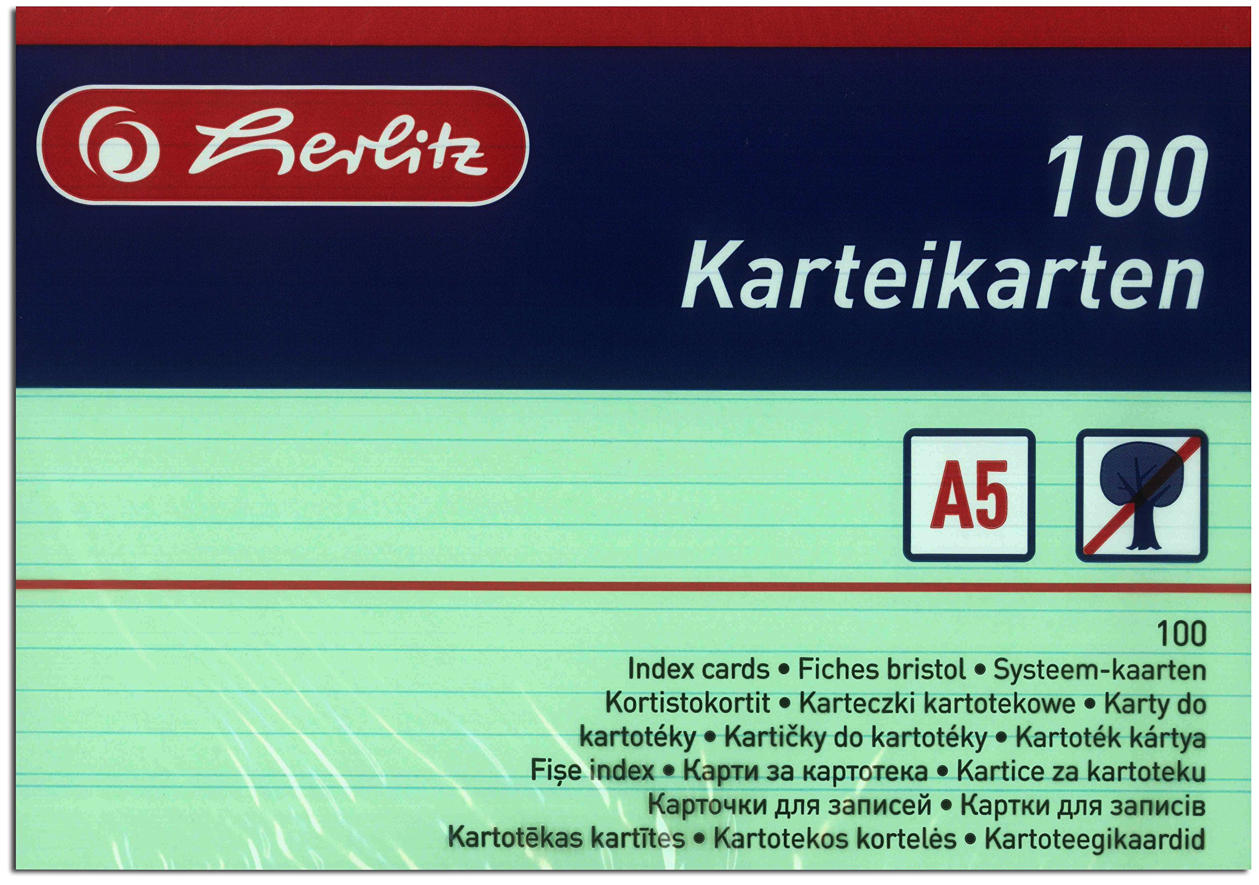Herlitz Karteikarten A5, 170 g/m², holzfrei, 100er Packung, liniert (Gemischte Farben, 10 Packungen)