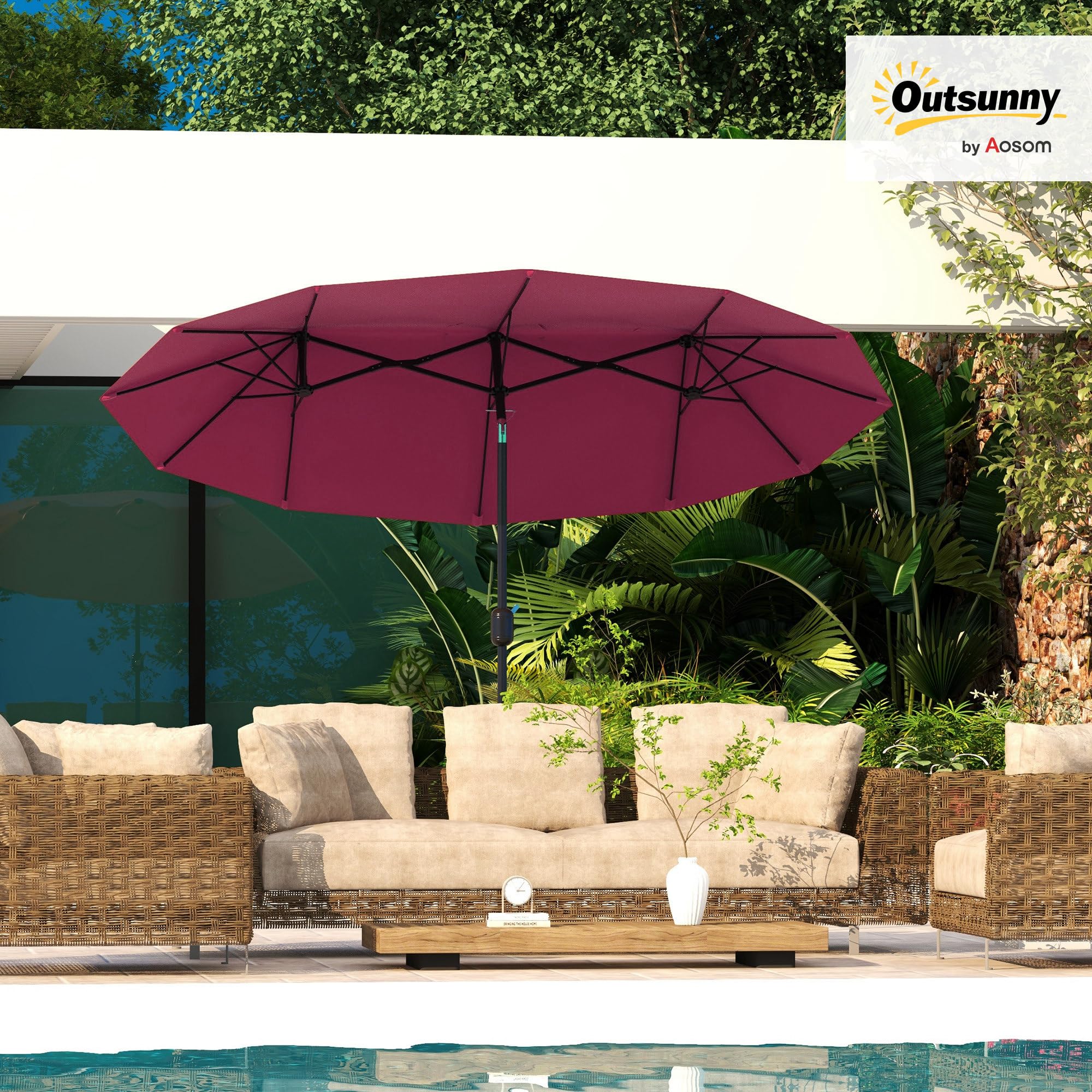 Outsunny Sombrilla Doble 2,95x1,52m Inclinación 45° Manivela Rojo Vino | Sombrilla Terraza Exterior, Manivela Manual, Ventilación, Impermeable, Parasol Jardín Piscina