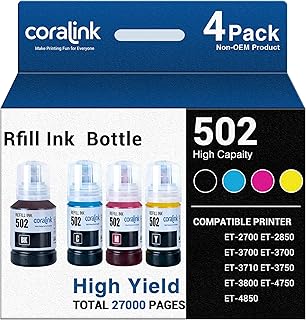 Coralink T502xl Ink Bottle Compatible with T502 Refill Ink woks with ET-2700 ET-2850 ET-3700 ET-3700 ET-3710 ET-3750 ET-3800 ET-4750 ET-4850 Inkjet Color Printer High Yield Capacity 502(BK/C/M/Y) product image
