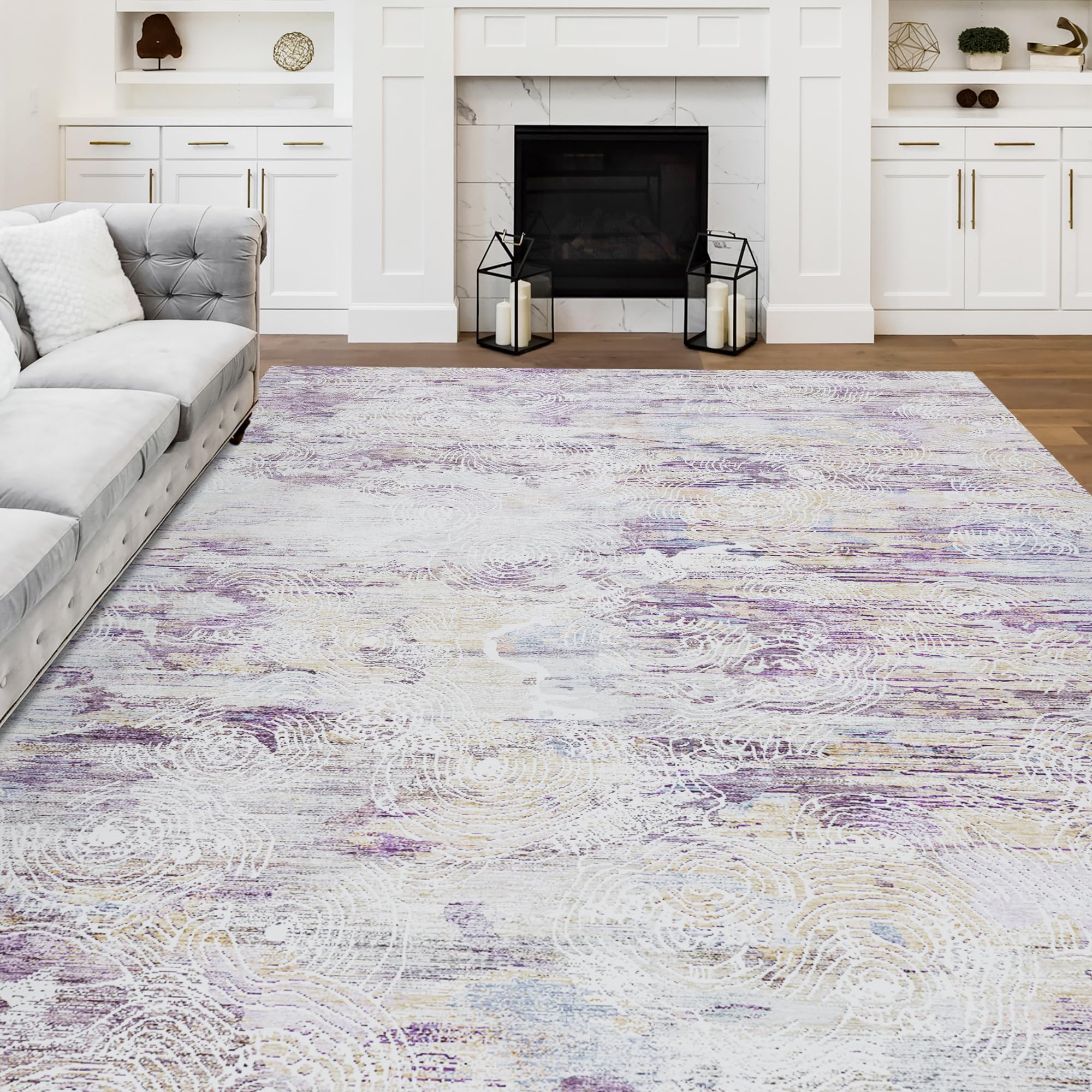 Area Rug for Living Room, 8’x10’ Area Rug Carpet for Bedroom Soft Non-Slip Large Abstract Rug Flat Modern Rug Low-Pile Machine Washable Rug Carpet for Dining Room Purple/Light Yellow
