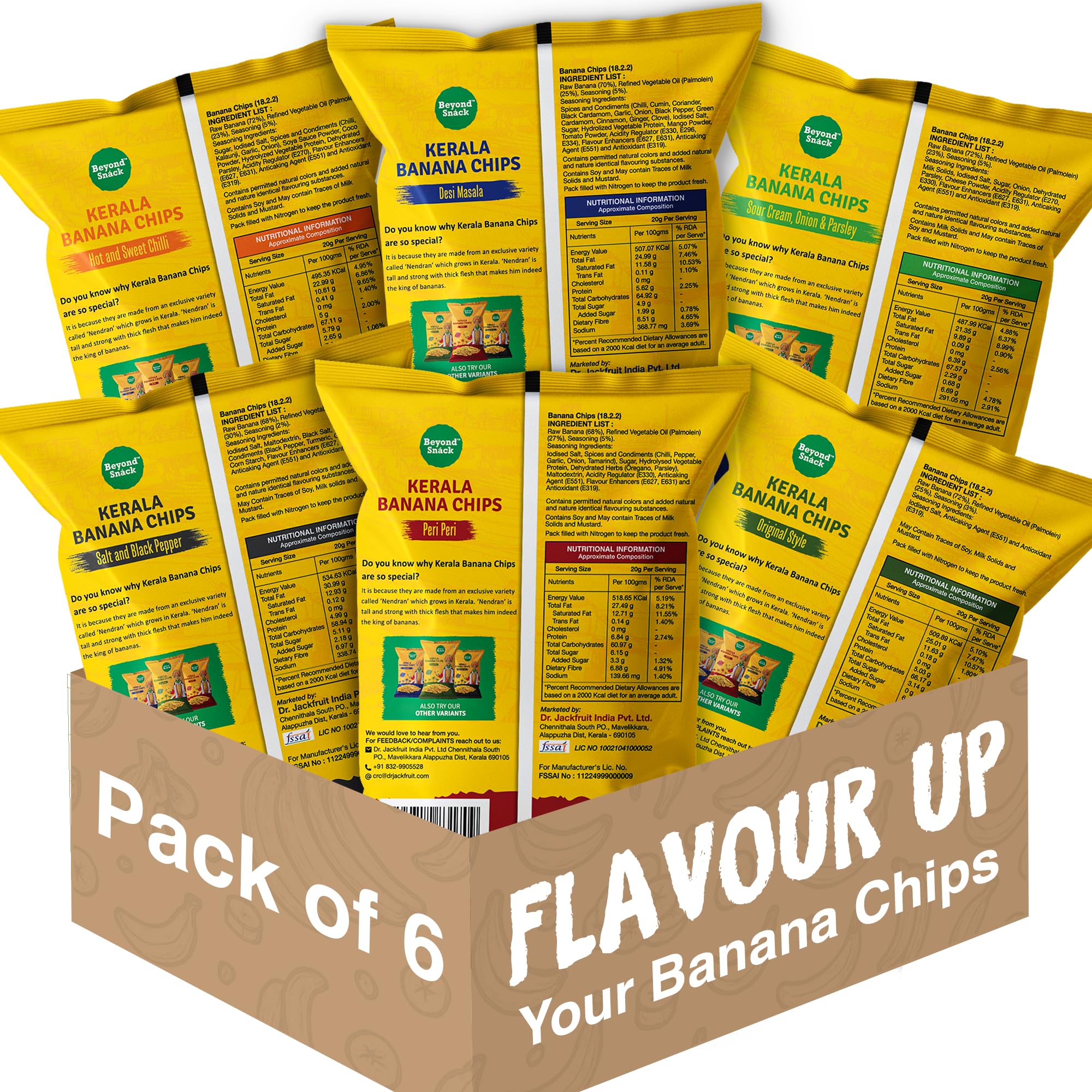 Beyond Snack Nendran Kerala Banana Chips | Combo pack (Original Salted, Desi Masala , Salt and Pepper,Peri Peri, Sour Cream Onion Parsley, Hot and Sweet Chilli )| Thin Crunchy Crispy Snack |600g (100g*6packs) - Image 2 thumbnail