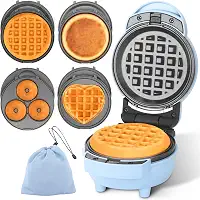Baker's Friend Mini máquina de waffle 4 em 1 com pratos removíveis, o conjunto inclui mini panqueca, donut, máquina de waffle em forma de coração, tamanho compacto, receita incluída, azul