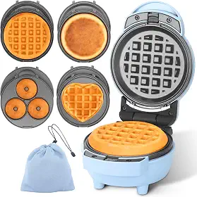 Baker's Friend Mini máquina de waffle 4 em 1 com pratos removíveis, o conjunto inclui mini panqueca, donut, máquina de waffle em forma de coração, tamanho compacto, receita incluída, azul
