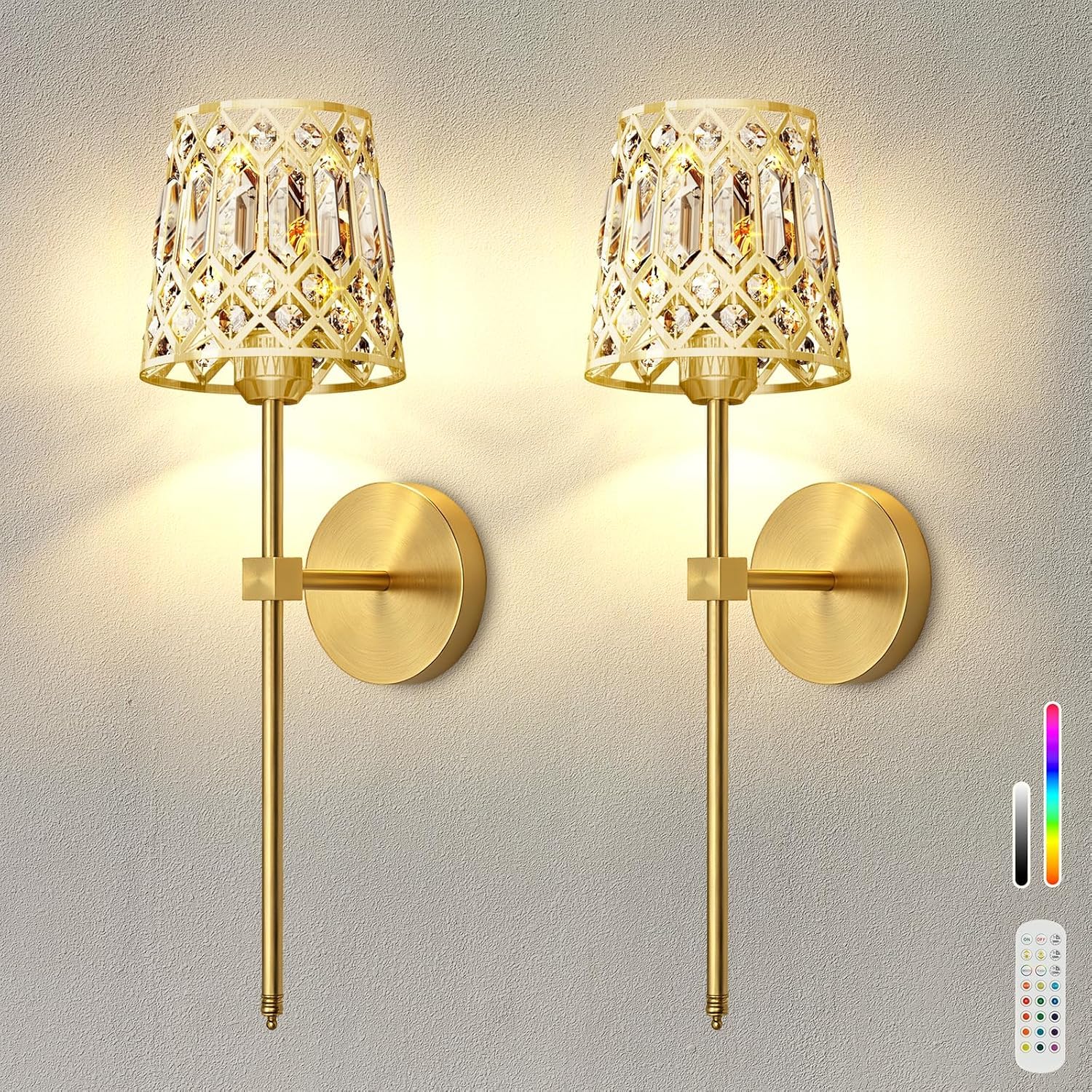 2 Stück Gold Kristall Wandleuchte Akku Vintage Wandlampe Ohne Stromanschluss mit Fernbedienung Dimmbar Nachttischlampe USB Aufladung Schlafzimmerlampe Deko Batteriebetrieben für Wohnzimmer Flur