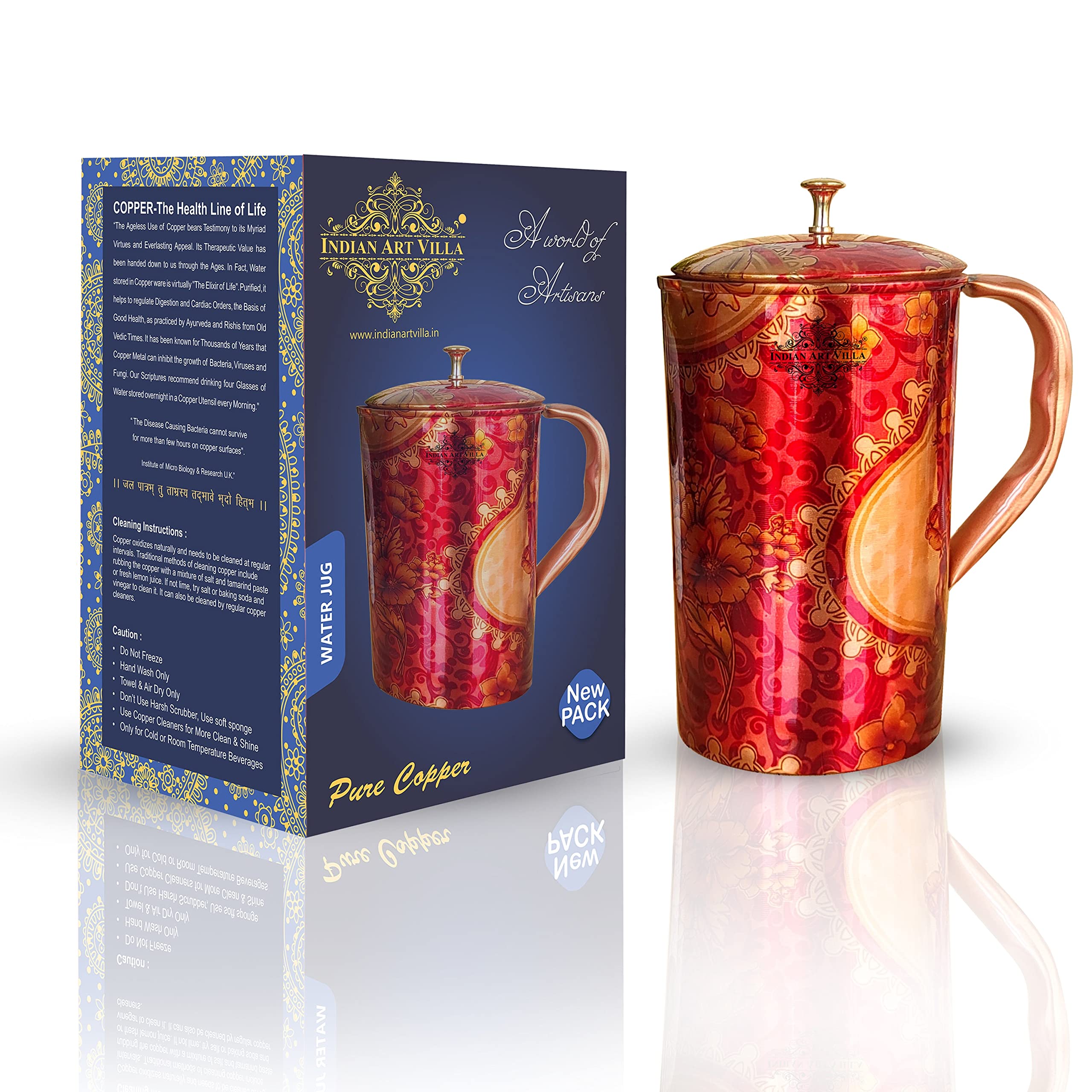 Indian Art Villa Pure Copper Jug With Red Floral Abstract Print & Brass Knob On Top, Serveware & Drinkware, Volume - 50 OZ