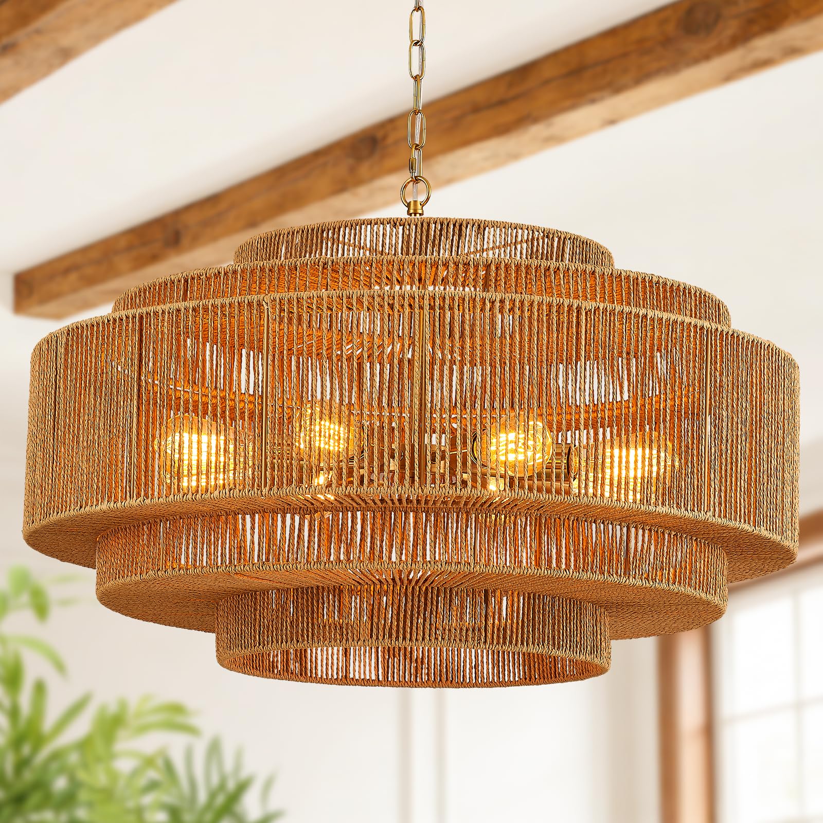 Photo 1 of Tunkayli Boho Large Chandelier Woven Rattan Hanging Light 31in Golden Light Fixtures 8-Light Coastal Rattan Chandelier for Dining Room Bedroom Kitchen Island Entryway