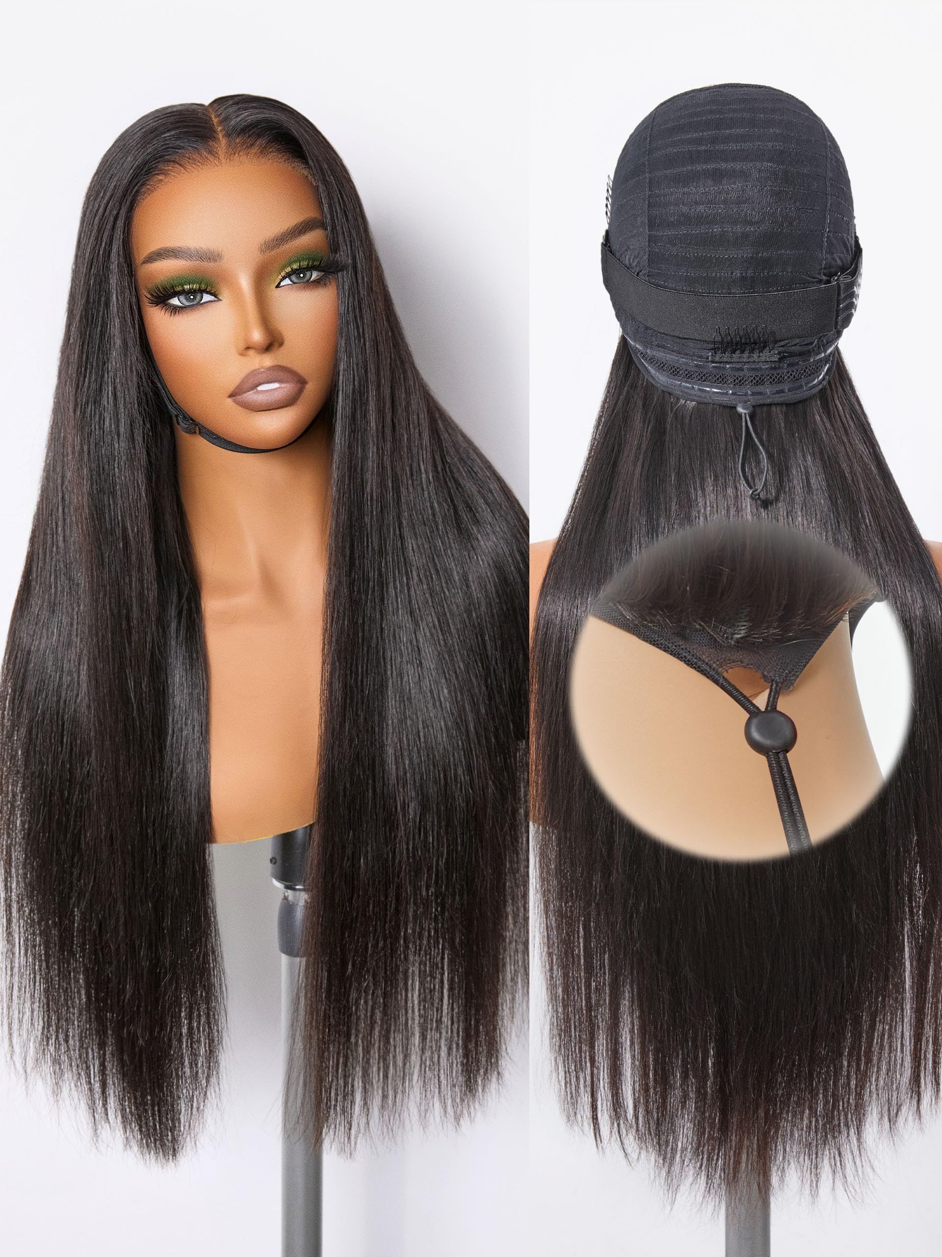 Frodio Drawstring Wigs Glueless Human Hair 6x4 Lace Front Wigs Silky Straight Lace Frontal Wig Pre Cut Plucked Lace Frontal 20 Inches Natural Black