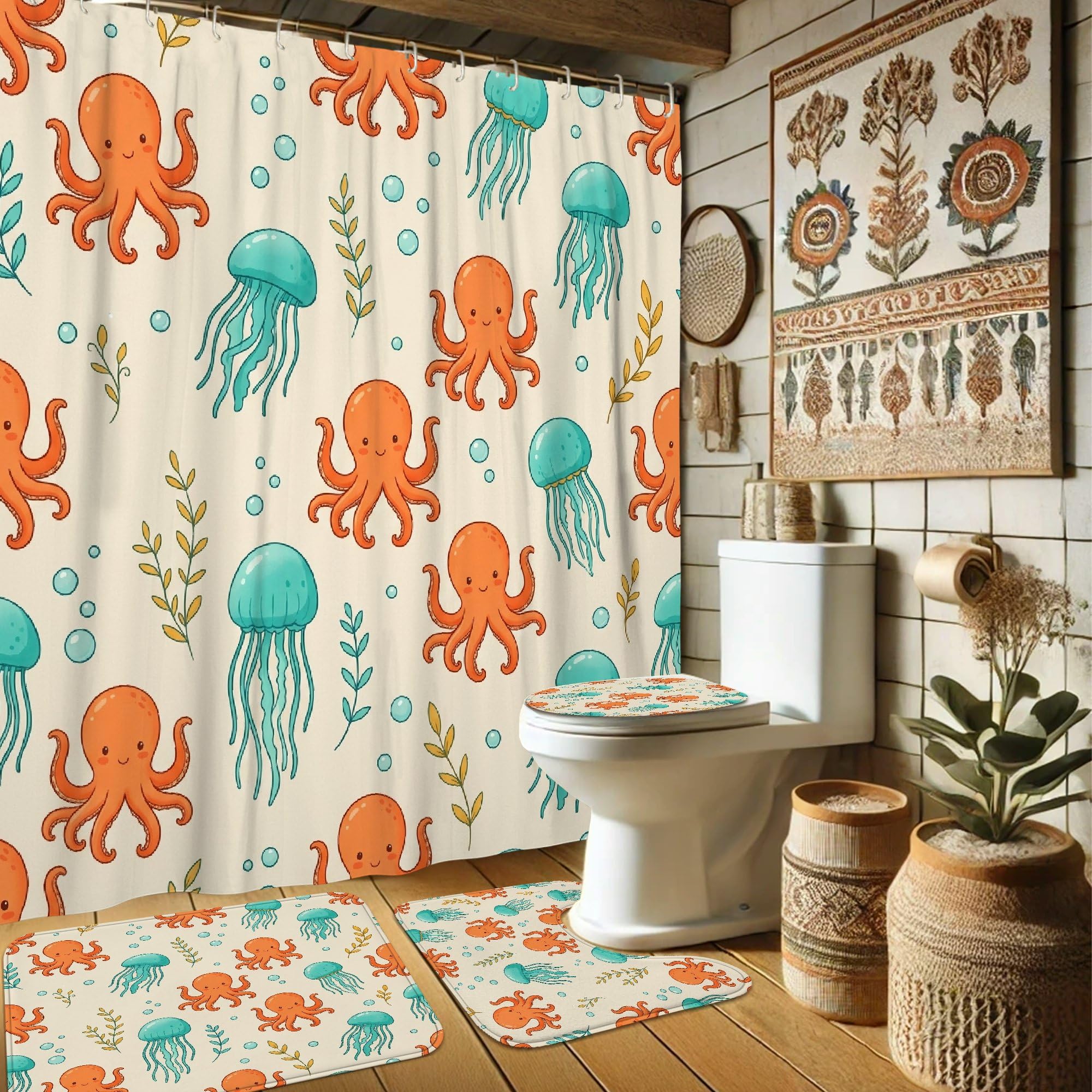 Rideau de douche motif pieuvre pour une ambiance estivale et marine en appartement