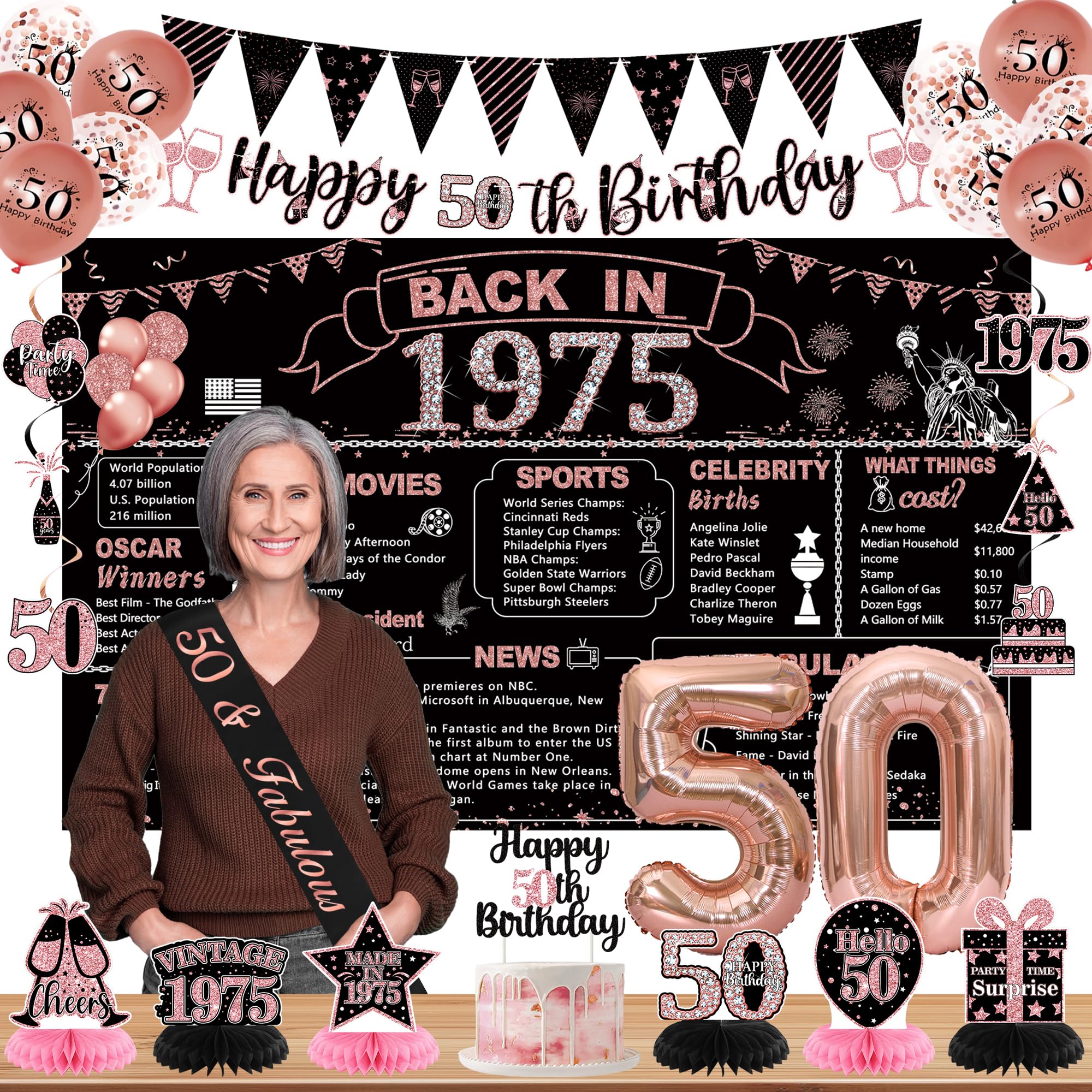 DARUNAXY50th Birthday Party Decorations for Women, Rose Gold Back in 1975 Banner, Rose Gold 50 Number Balloons & Cake Topper, Vintage 1975 50 Birthday Honeycomb Hanging Swirl Confetti Balloons(28PC)