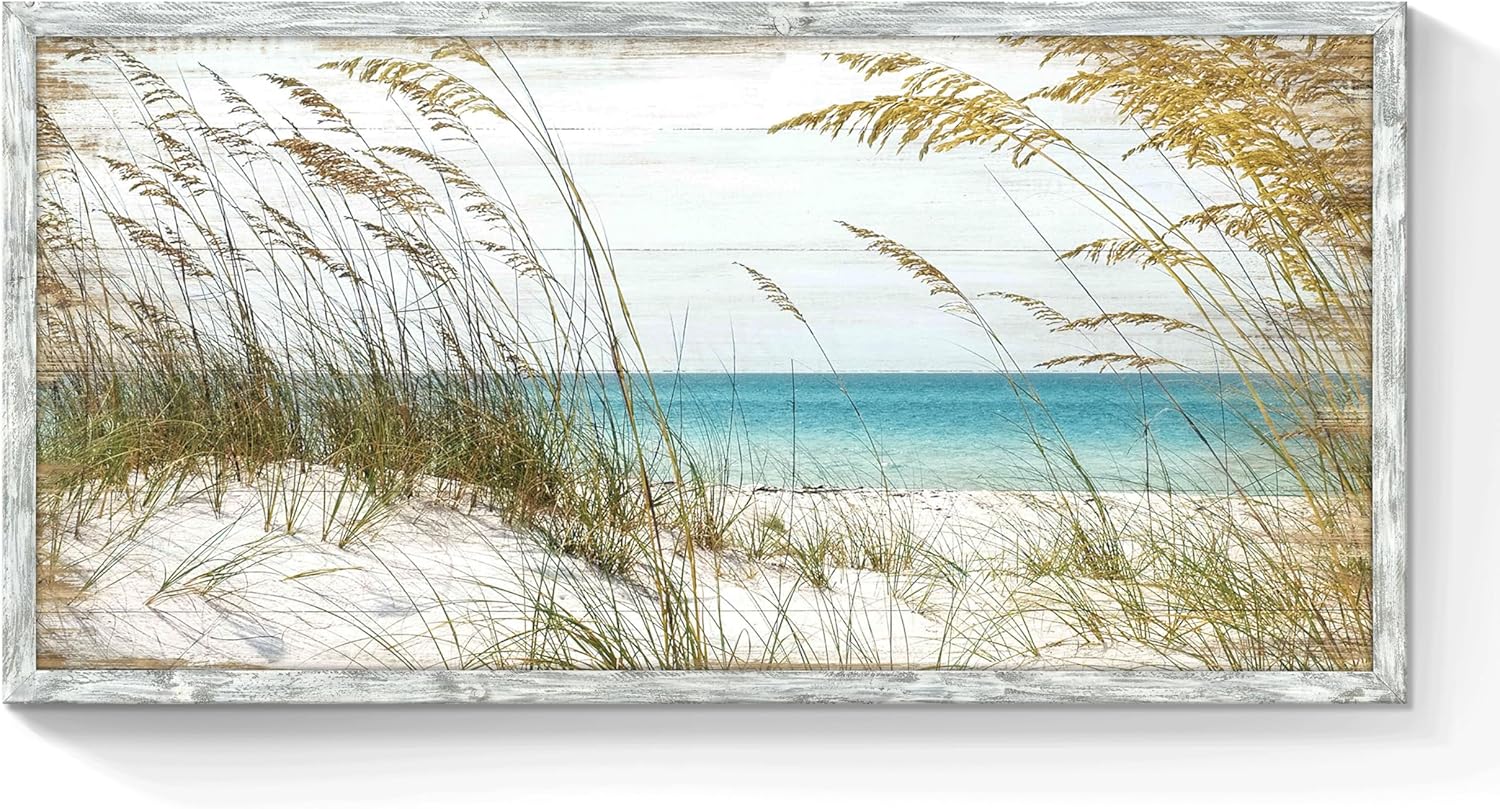 Beach Framed Wooden Wall Art: Rustic Coastal Picture Modern Seascape Painting Ocean Landscape Artwork Seaside Prints Decor for Bathroom 24"L x 12"W Sand