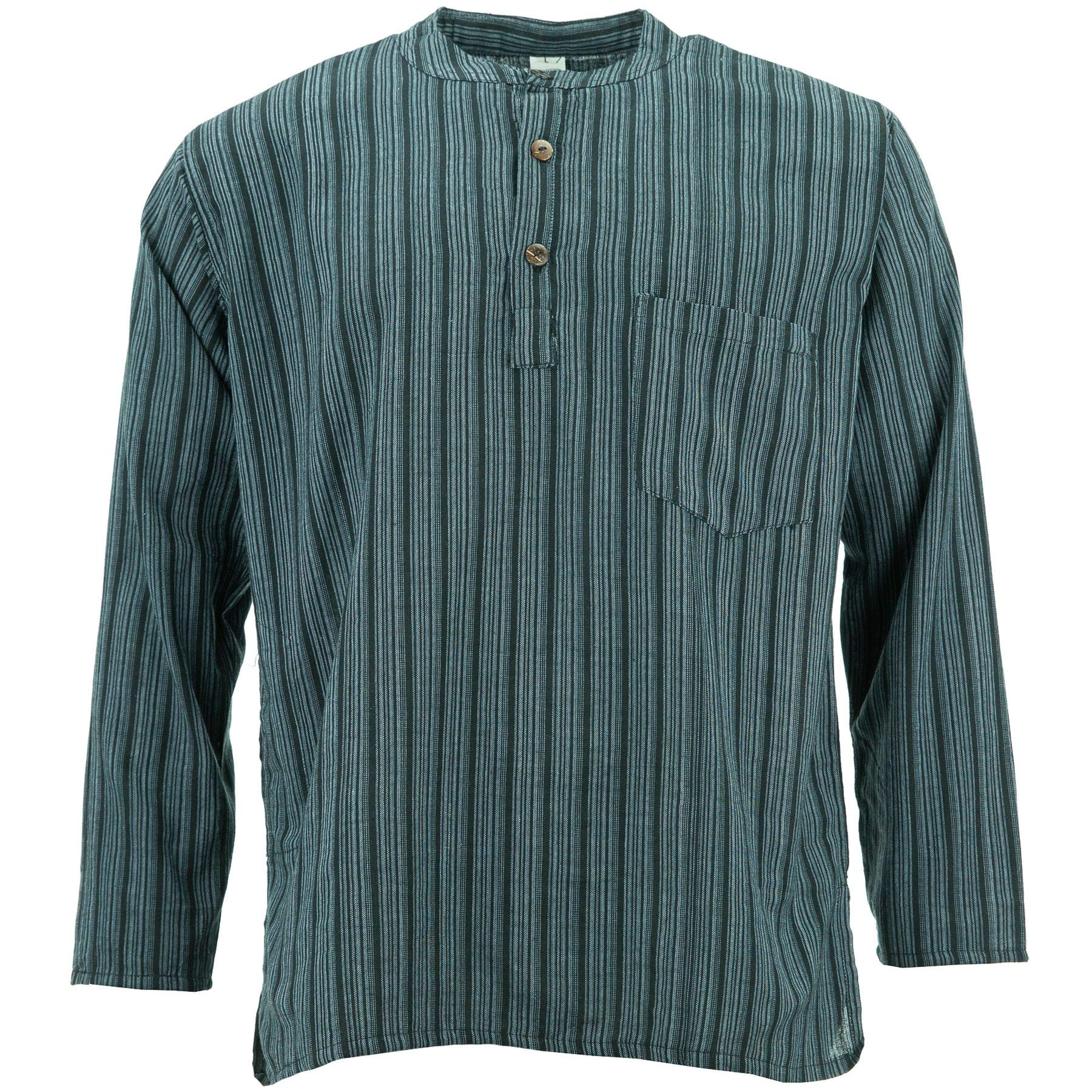 LOUDelephant Cotton Grandad Collar Shirt - Grey Black Stripe (X-Large)