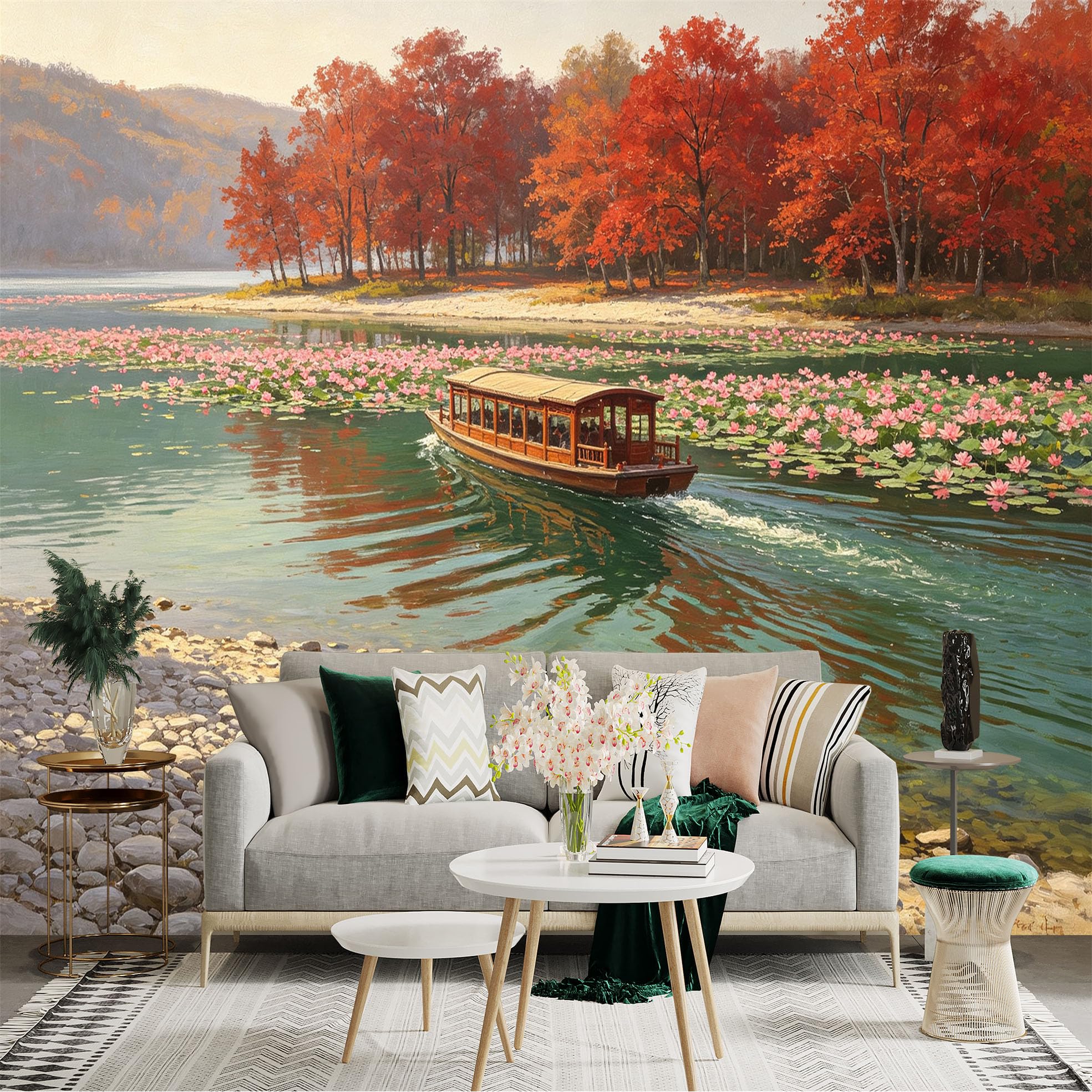 Custom Size Wall Sticker Mural， Scenic Autumn Lake with Lotus Flowers and Traditional Wooden Boat， Peaceful Nature Landscape， for wall Decoration， peelandstick wall Decals.