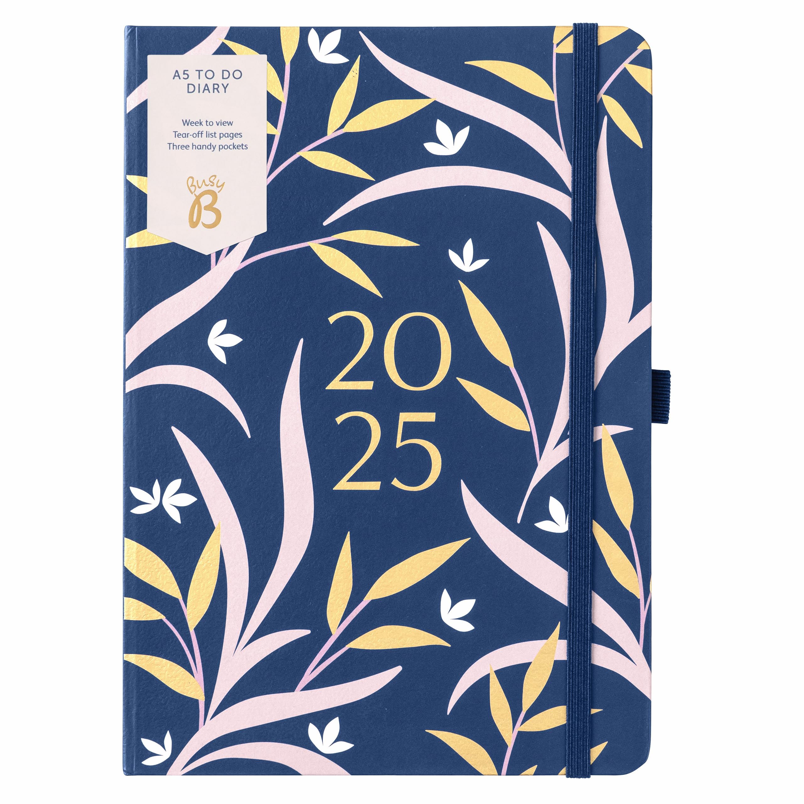 Busy B2025 Diary - A5 Weekly Planner with To-Do Lists & Notes Pages – Work, School, Office Navy Floral Journal - Week-to-View Layout, 3 Pockets & Year Planner