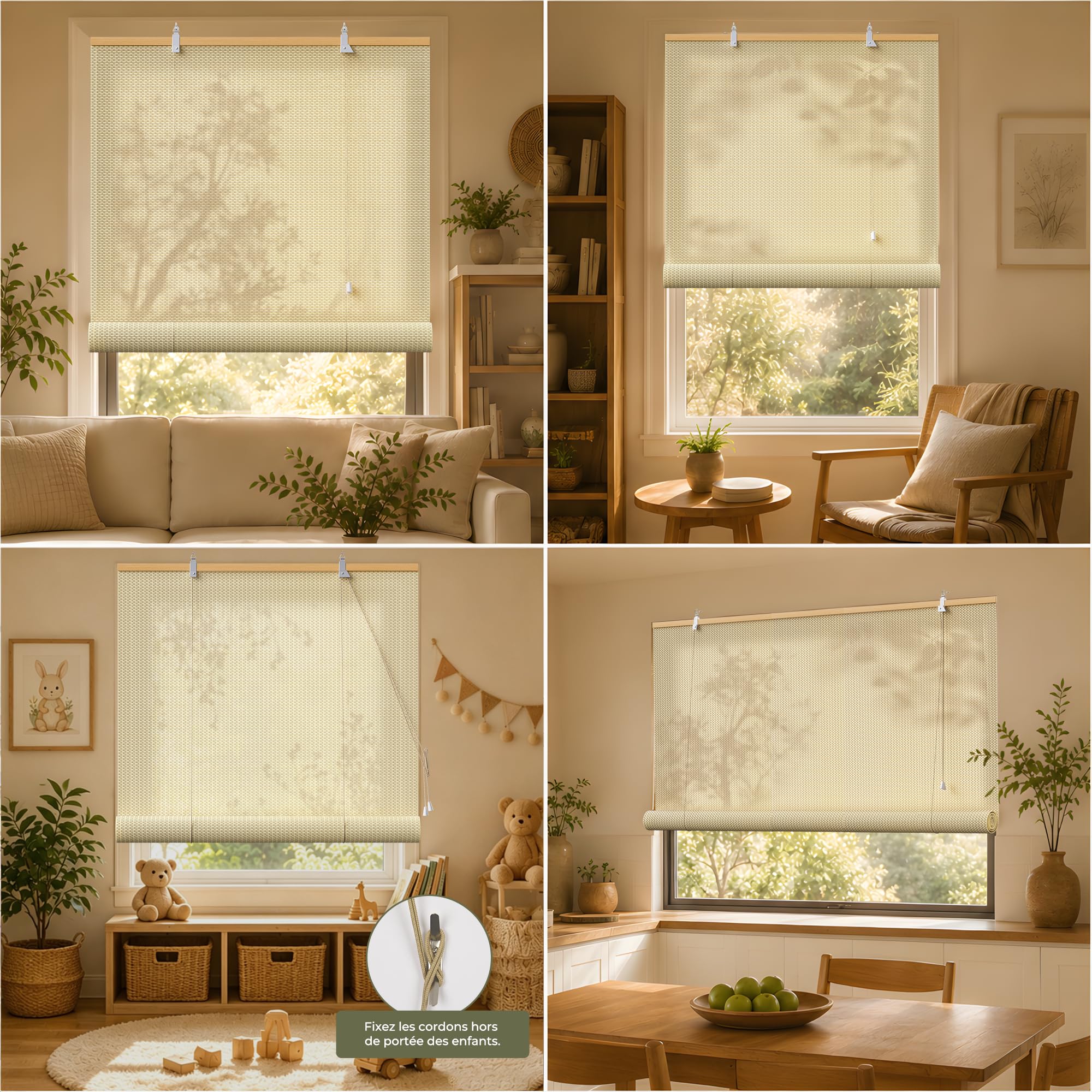 HOMEDEMO Store Enrouleur Bambou, Occultant pour Fenêtre, Protection Intimité, Intérieur Extérieur, Facile à Installer, Store pour Salon, Beige, 150l x 220L cm