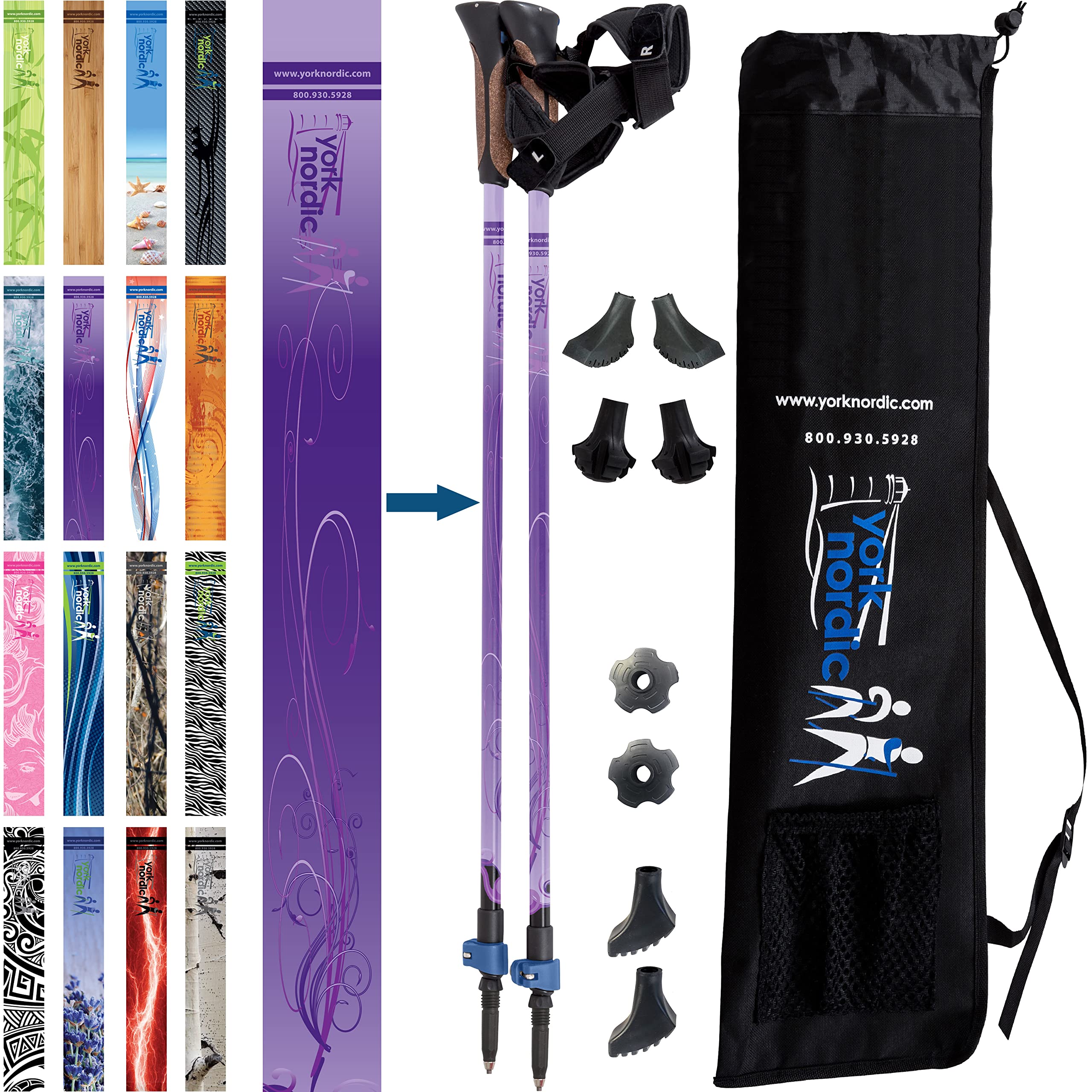 2 Round / 2 Med-Firm Tapered Four Pack Rubber Tips + York Nordic Purple Haze Nordic Walking Poles