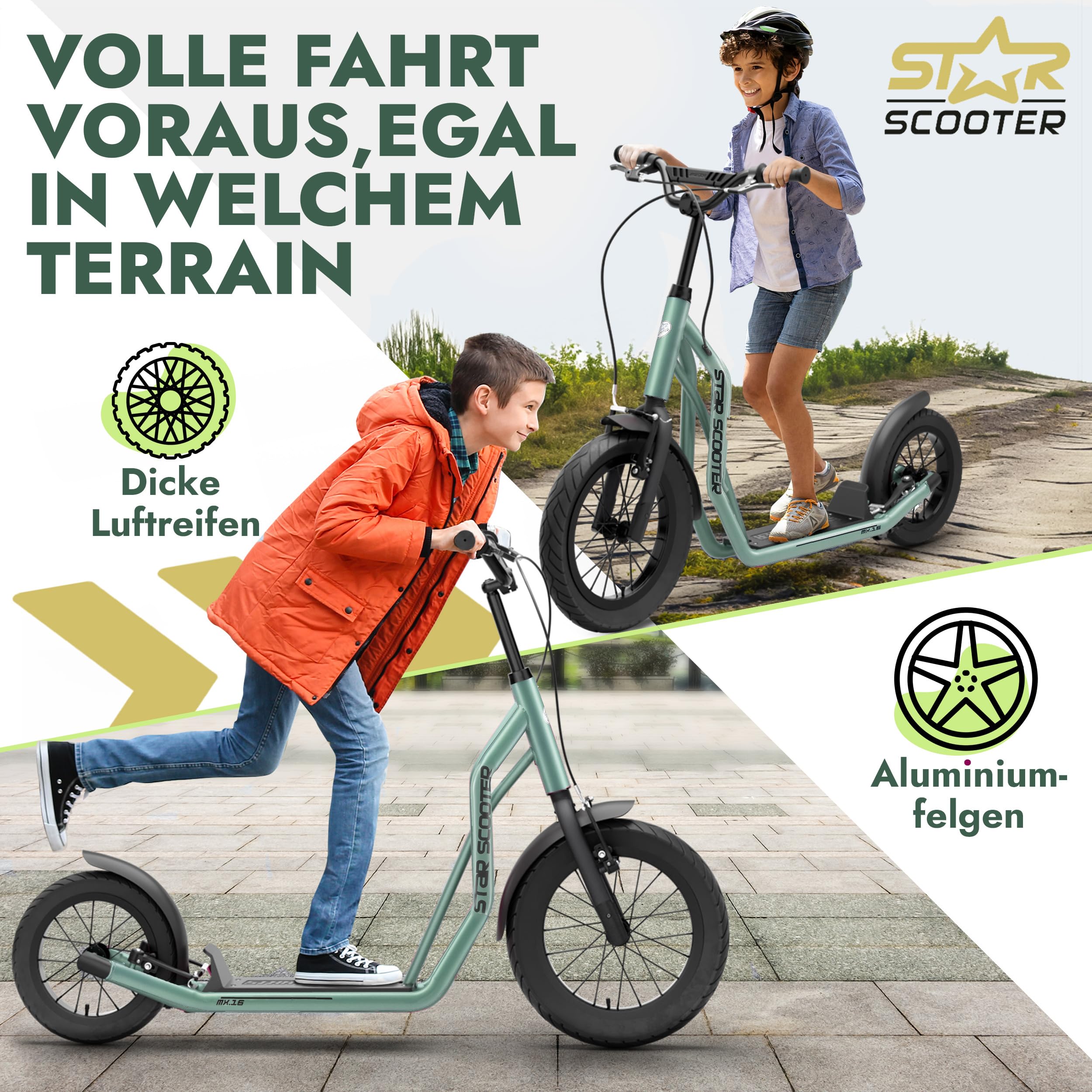 STAR SCOOTER Kinder Tret Roller ab 7-8 Jahre | 16/12 Zoll Mixed City Kick Scooter Luftreifen