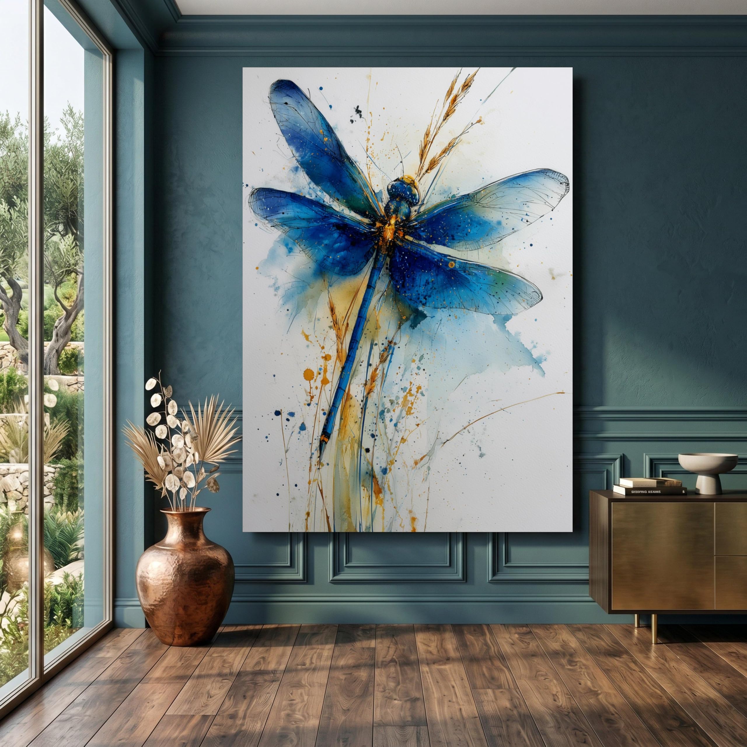 Lmycheng Frameless Blue Dragonfly Canvas Wall Art, Watercolor Insect Painting, Nature Botanical Canvas Prints, Abstract Wall Decor Artwork(50X75cm/Frameless)