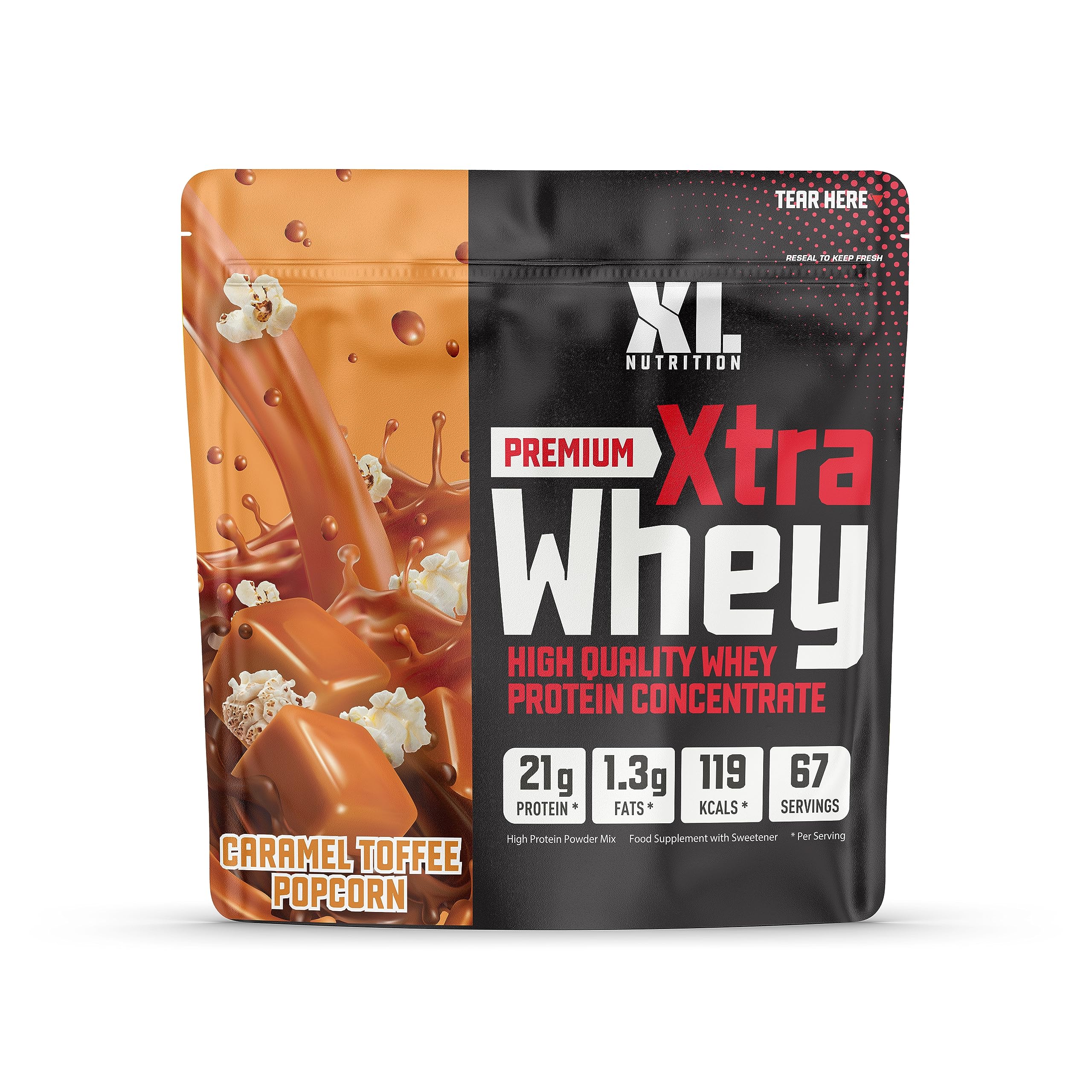 XL Nutrition Whey Protein Powder | High Protein, Low Carbohydrates | 67 Servings, 2kg | Suitable for Vegetarians | Ideal for Muscle Building, Recovery Support (Caramel Toffee Popcorn Flavour)