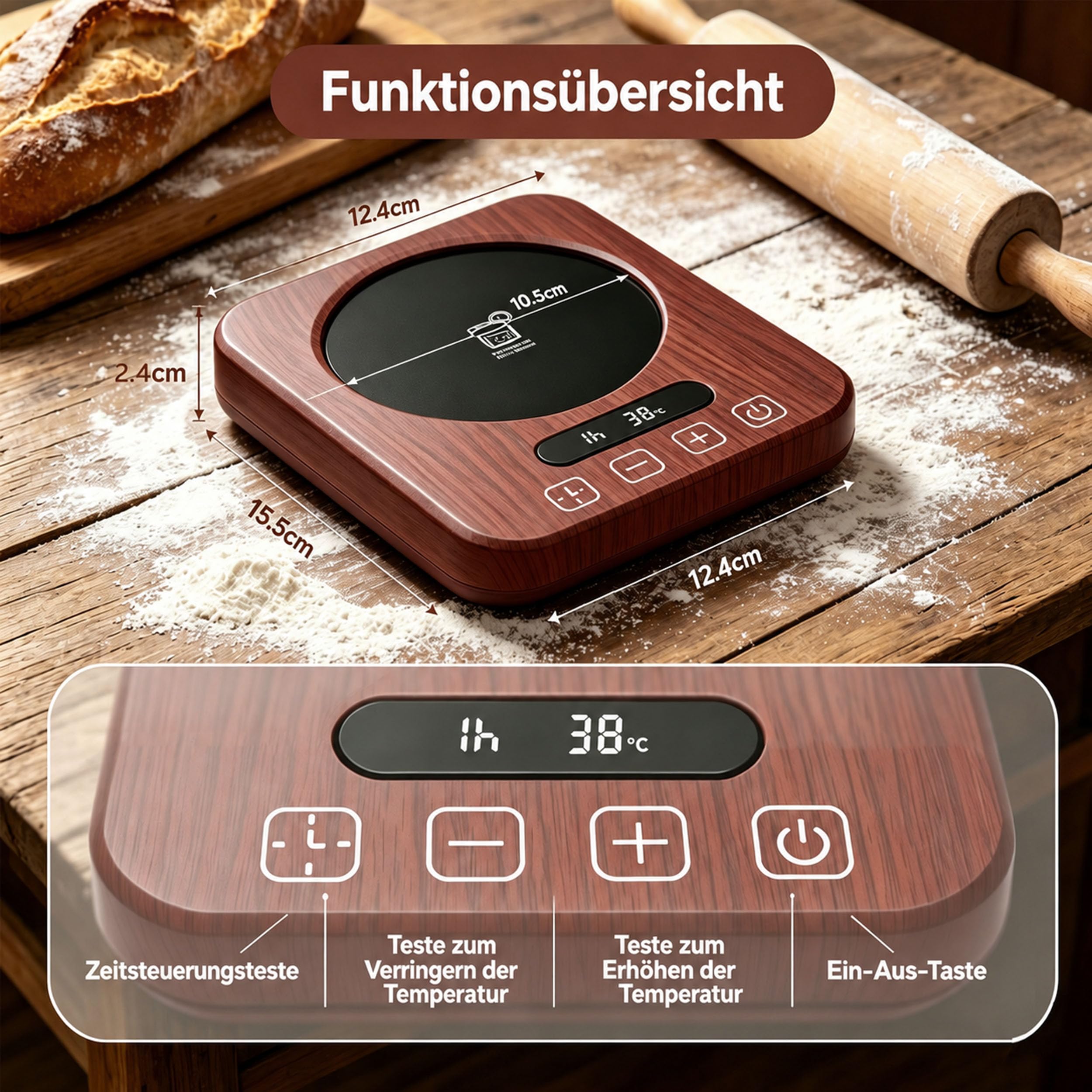 Sauerteig Starter Wärmer mit Thermostat | 21-38°C Präzise Wärmeplatte für Sauerteig-Anstellgut, Teig & Joghurt | 12H Timer, Speicherfunktion & EU-Stecker, 18W (Holzoptik)