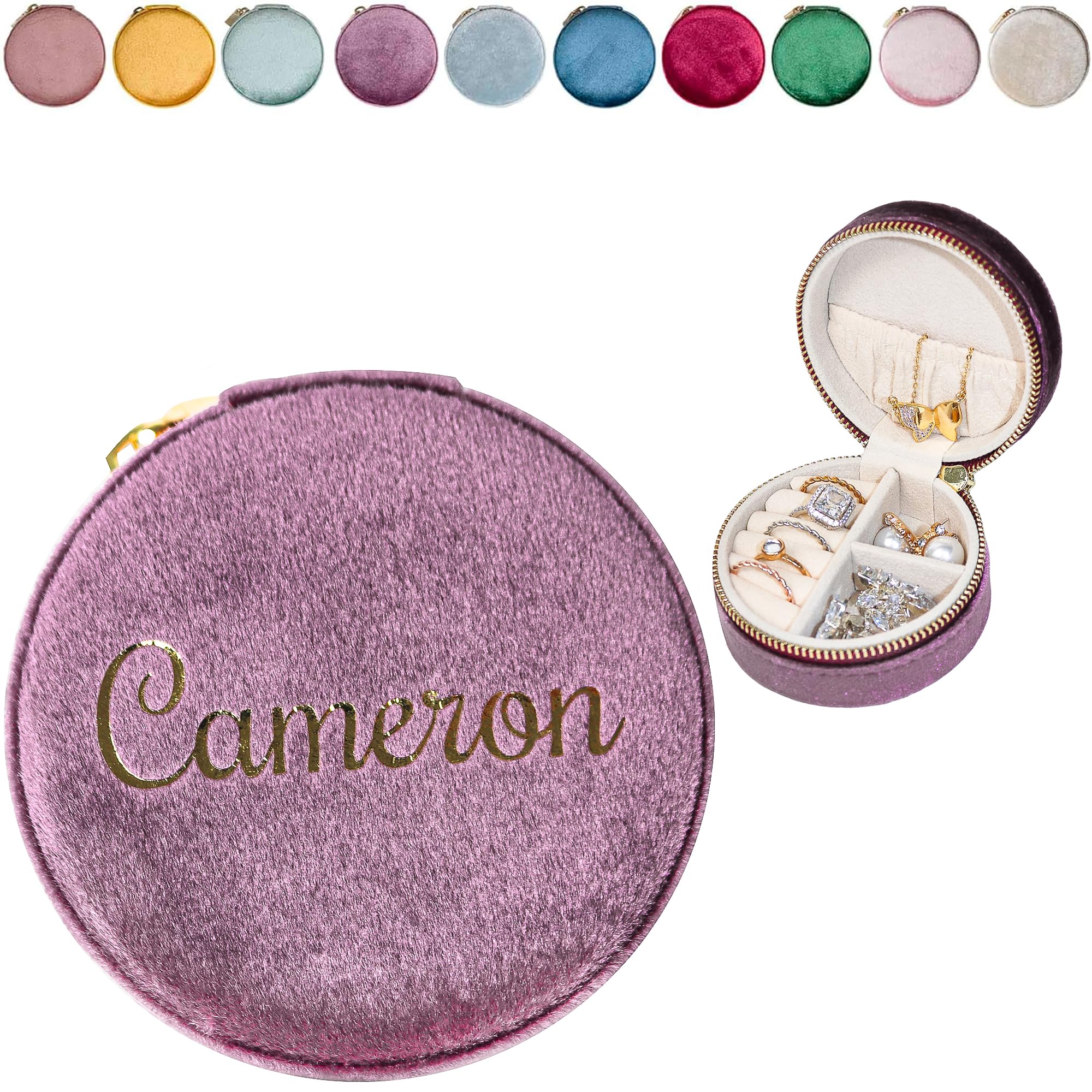 Customizable Mini Round Jewelry Box, Travel Jewelry Case, Travel Jewelry Organizer, Jewelry Box for Women and Girls, Small Jewelry Organizer (Center Text, Mulberry)
