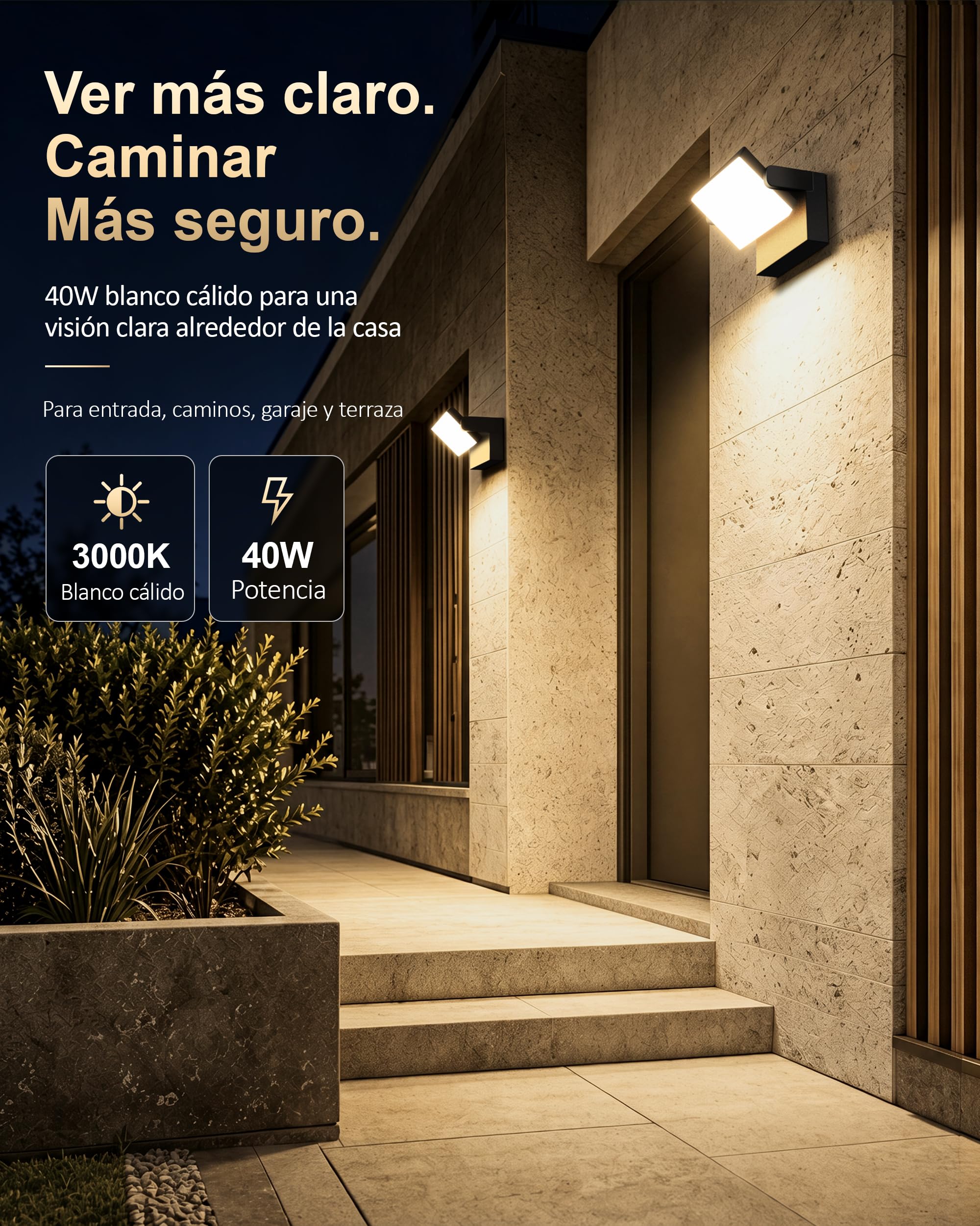 Kingwen LED Aplique Pared Exterior/Interior Negra 360°Rotación Blanco cálido 40W 3000K Focos LED Exterior Impermeable IP65 Apliques de Pared 3000LM | Color negro, LED integrado, IP65 clase energética E, aluminio fundido, IP65 impermeable, para uso en exte