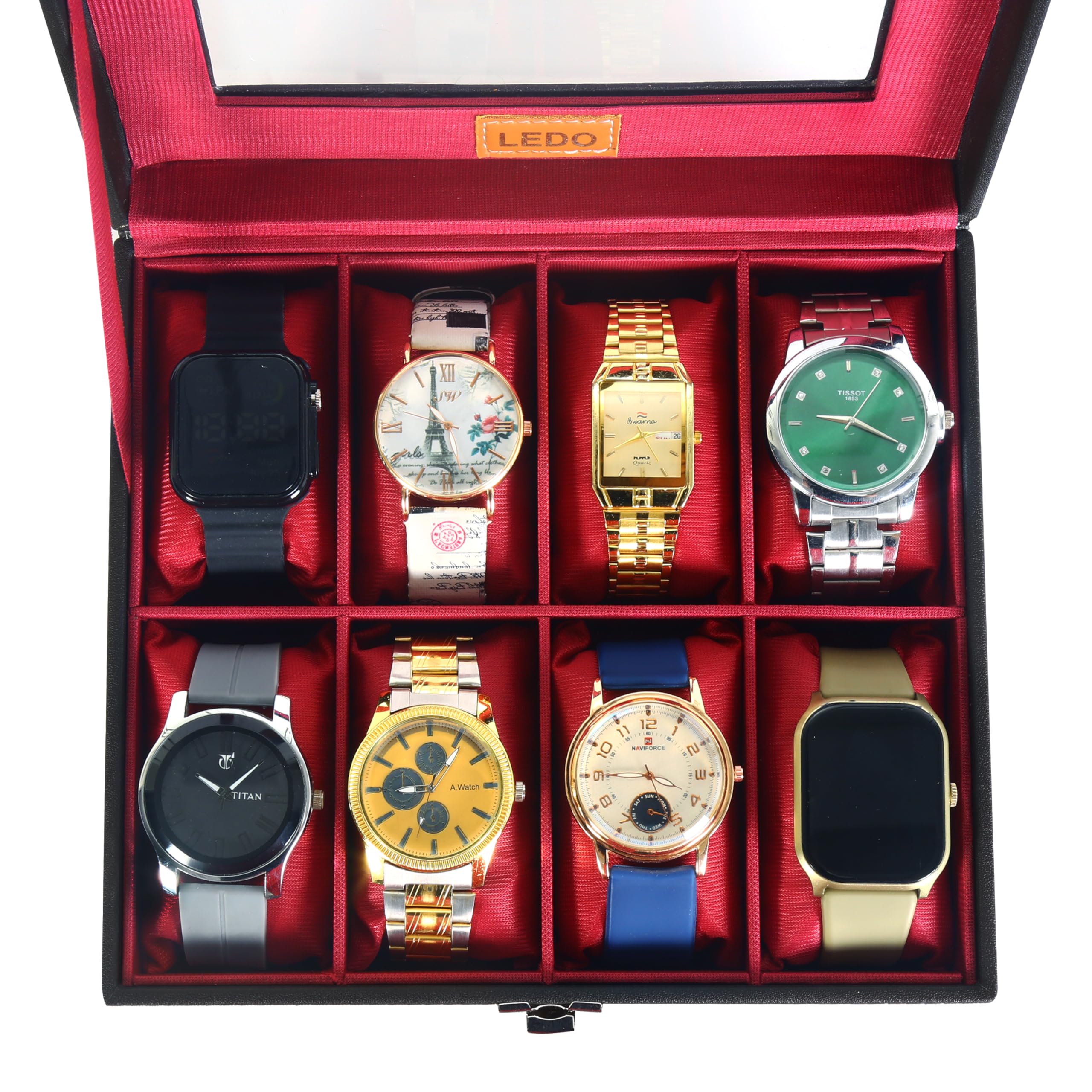 LEDO Scatola per orologi da uomo e donna, con 8 scomparti per orologi in pelle PU con nero e rosso ciliegia
