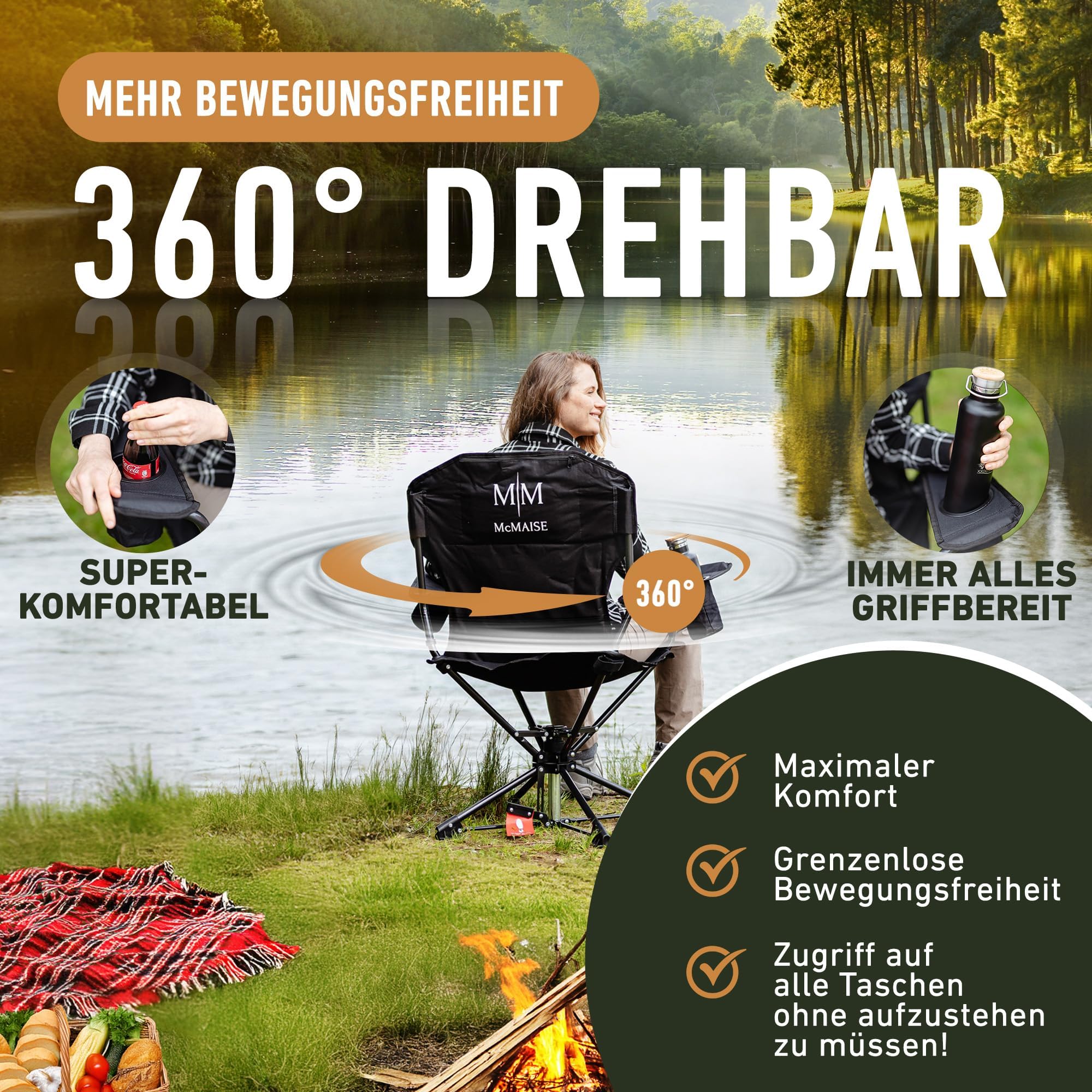 Campingstuhl faltbar schwarz bis 150 kg mit Rückentasche für Kissen oder Wärmflasche, 360° drehbar