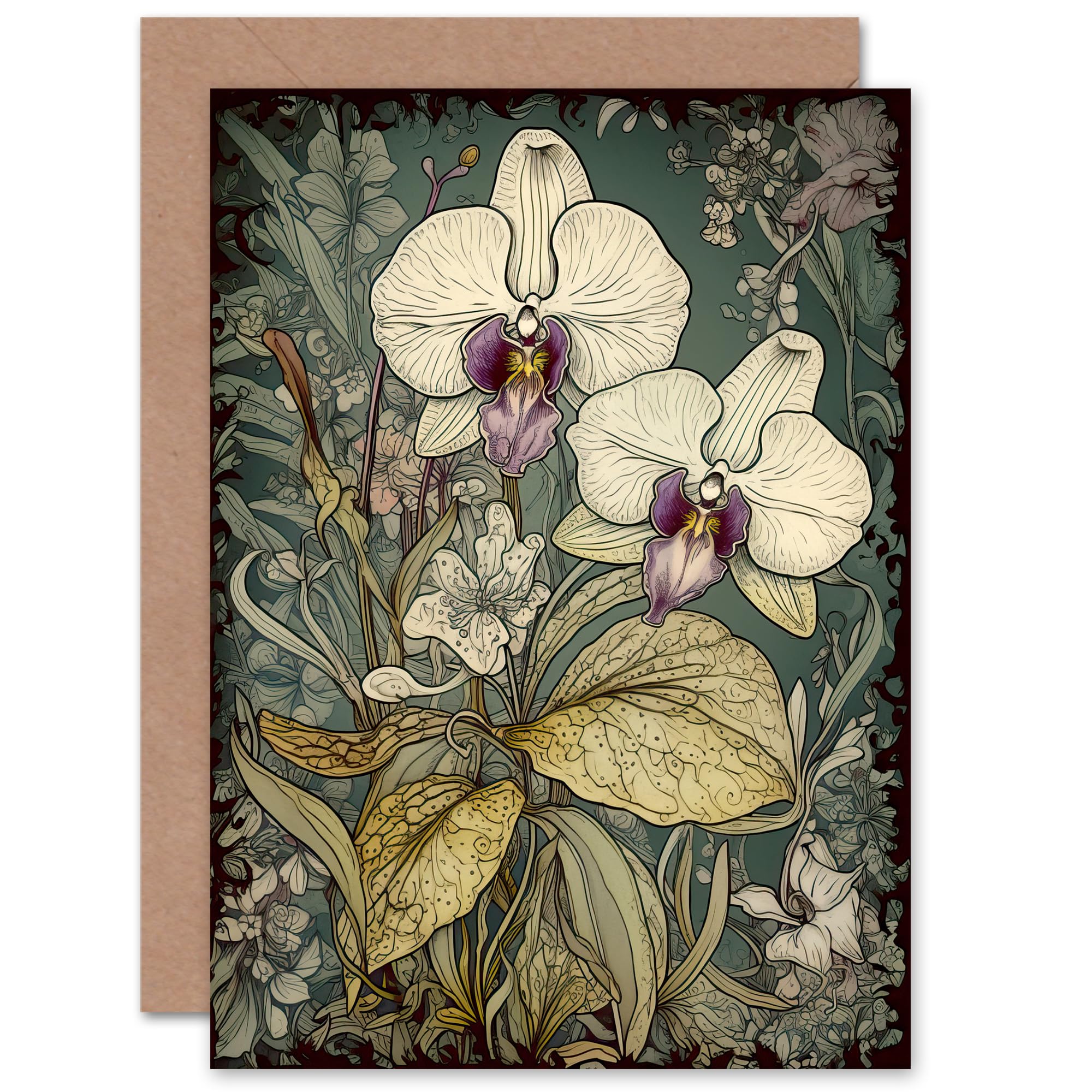 Artery8 William Morris Style Orchid Flowers Floral Greeting Card