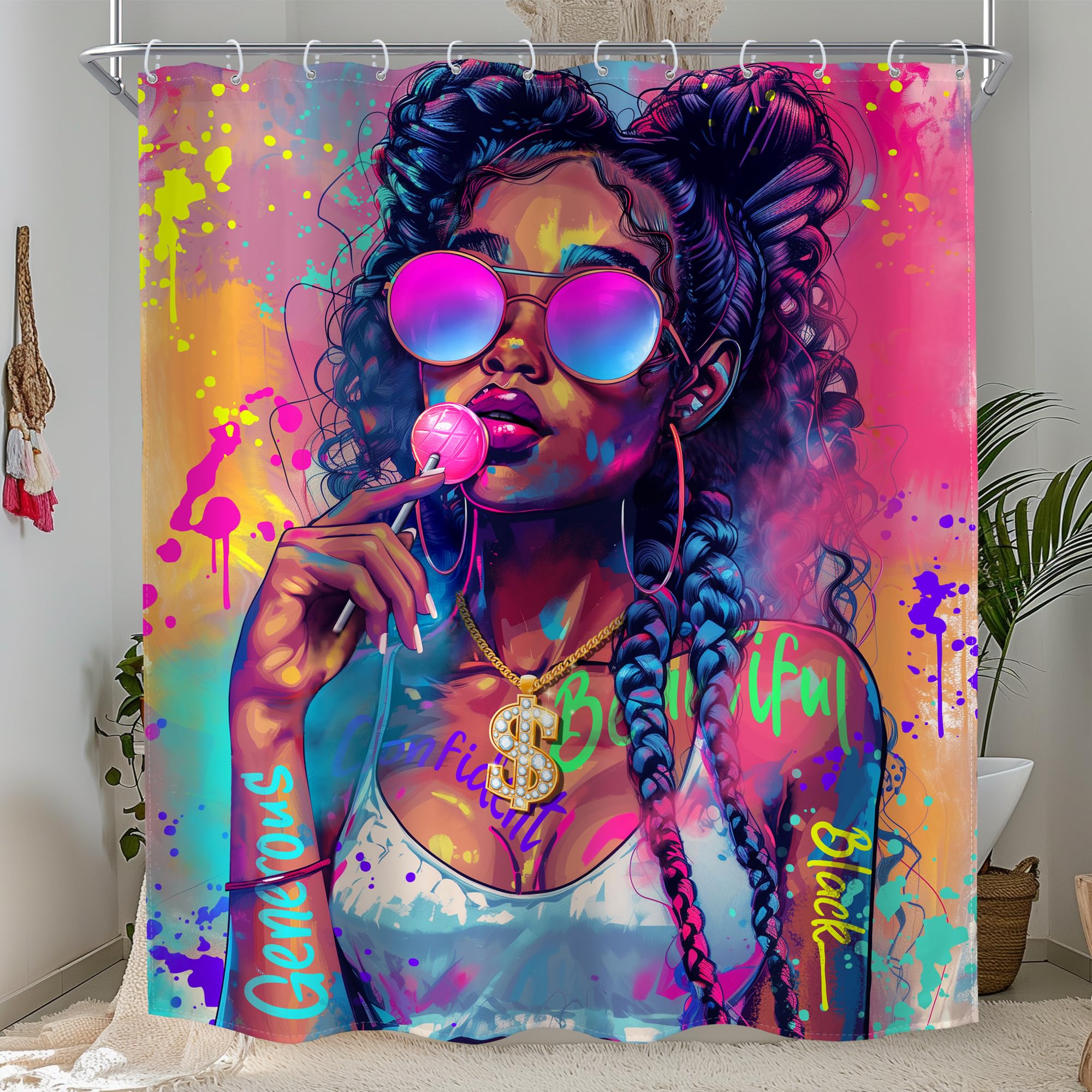 MESHELLY Black Girl Shower Curtain 60Wx72H Black Woman African American Modern Hip-pop Afro Lady Bathroom Curtain Inspirational Quote Bath Curtain