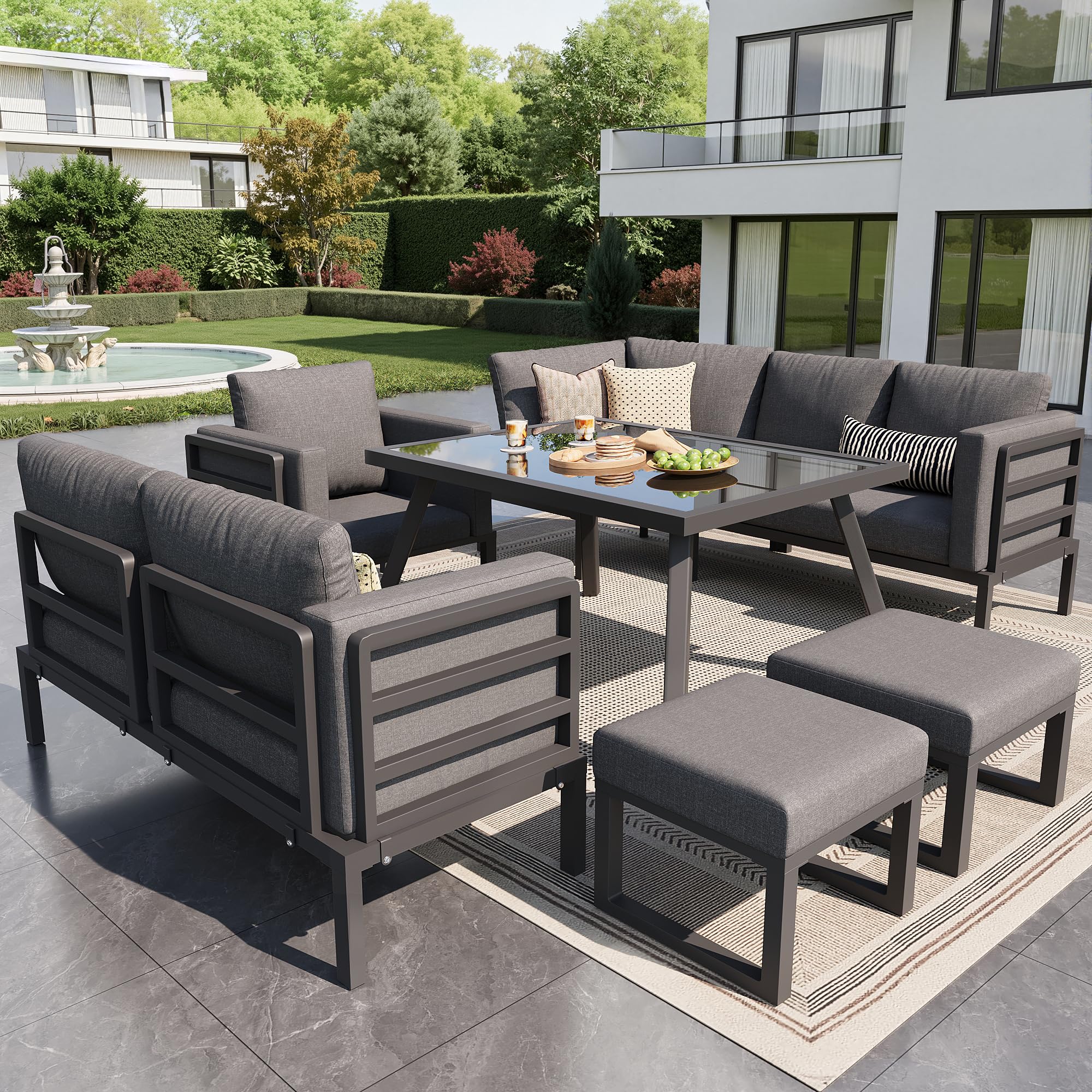 Mrwoo Halbmond Sofaset für 8 Personen mit Glastisch, 1 Sessel & 2 Hocker, Wetterfeste Gartenmöbel aus Eisengestell mit grauen Polstern für Terrasse & Balkon (Grau)
