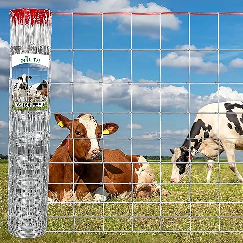 5x164FT Heavy Duty Farm Fence, 12 Gauge Cattle Fence with Red Warning Line, Galvanized Wire Fencing, Deer, Goat, and Hog Fence for Livestock, Yard, and Garden