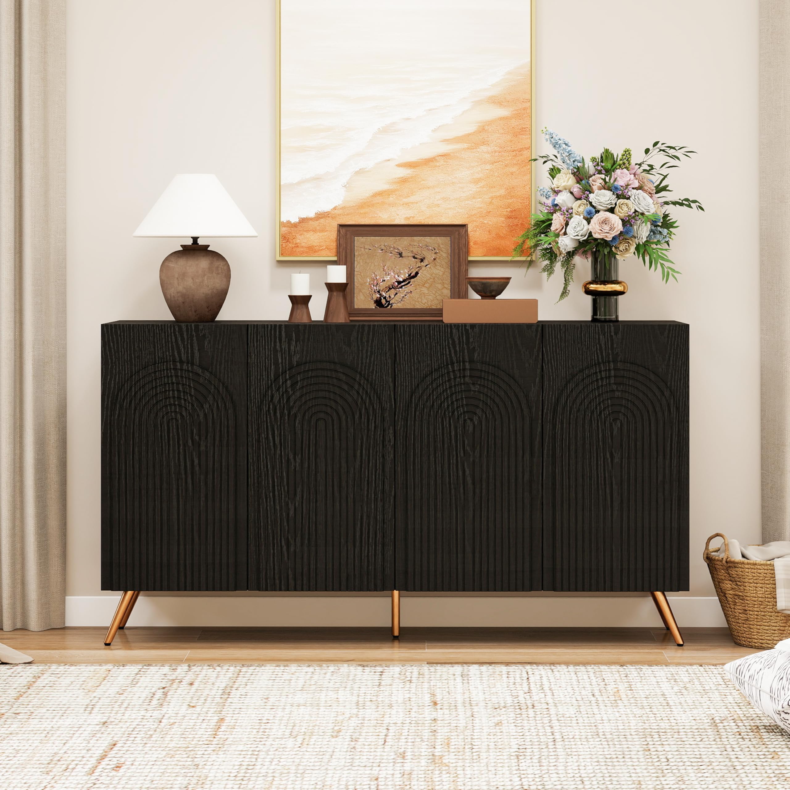 vutizal Kredens 150 cm czarny Mid-Century, rowki 3D i drzwi łukowe