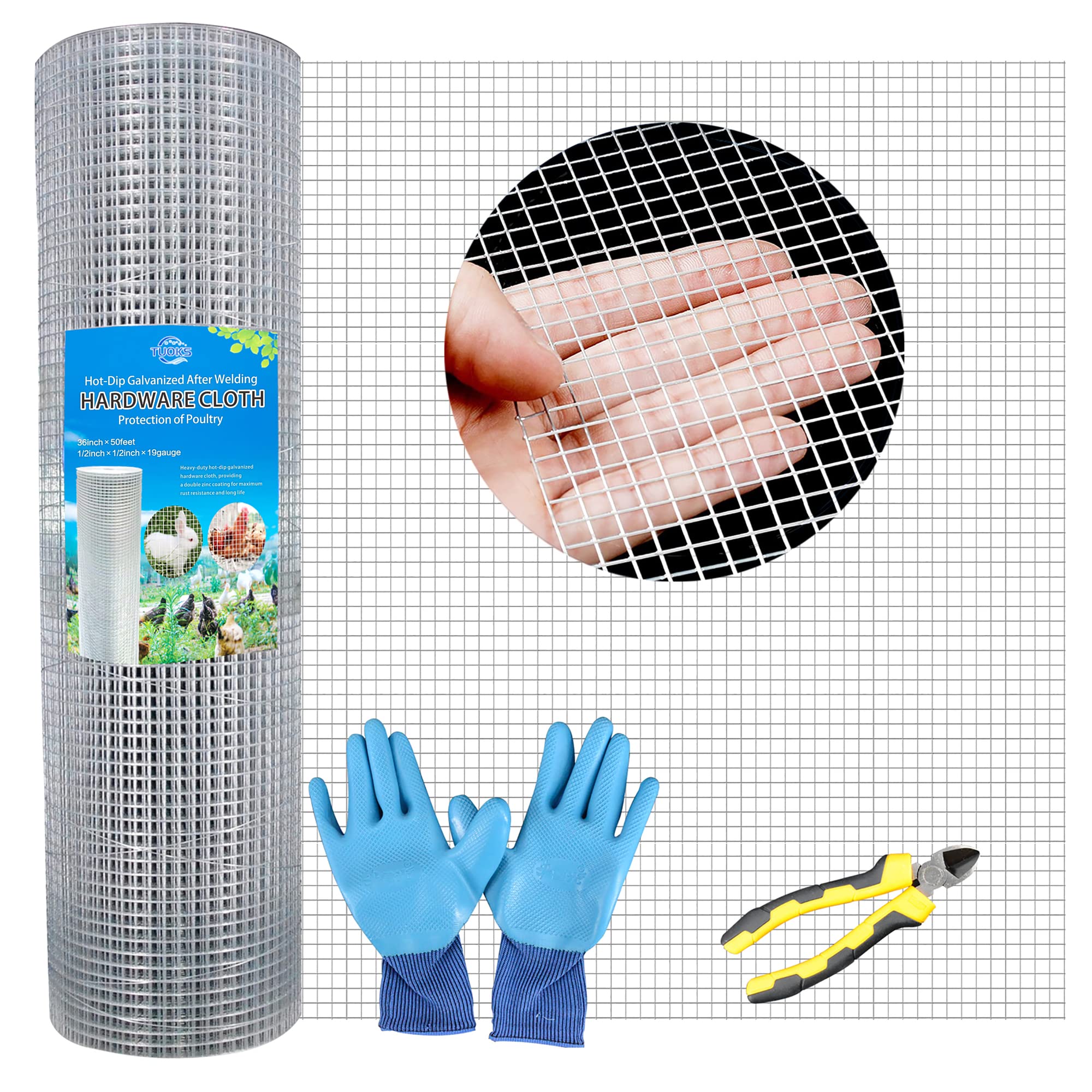 TUOKS Hardware Cloth 1/2 inch Square Openings - 19 Gauge 36'' x 50' Hot-Dip Galvanized Wire Mesh, Welded Cage Wire Rolls Great for Animal Enclosure Chicken Coop Flower Beds Rabbits Wire Fencing