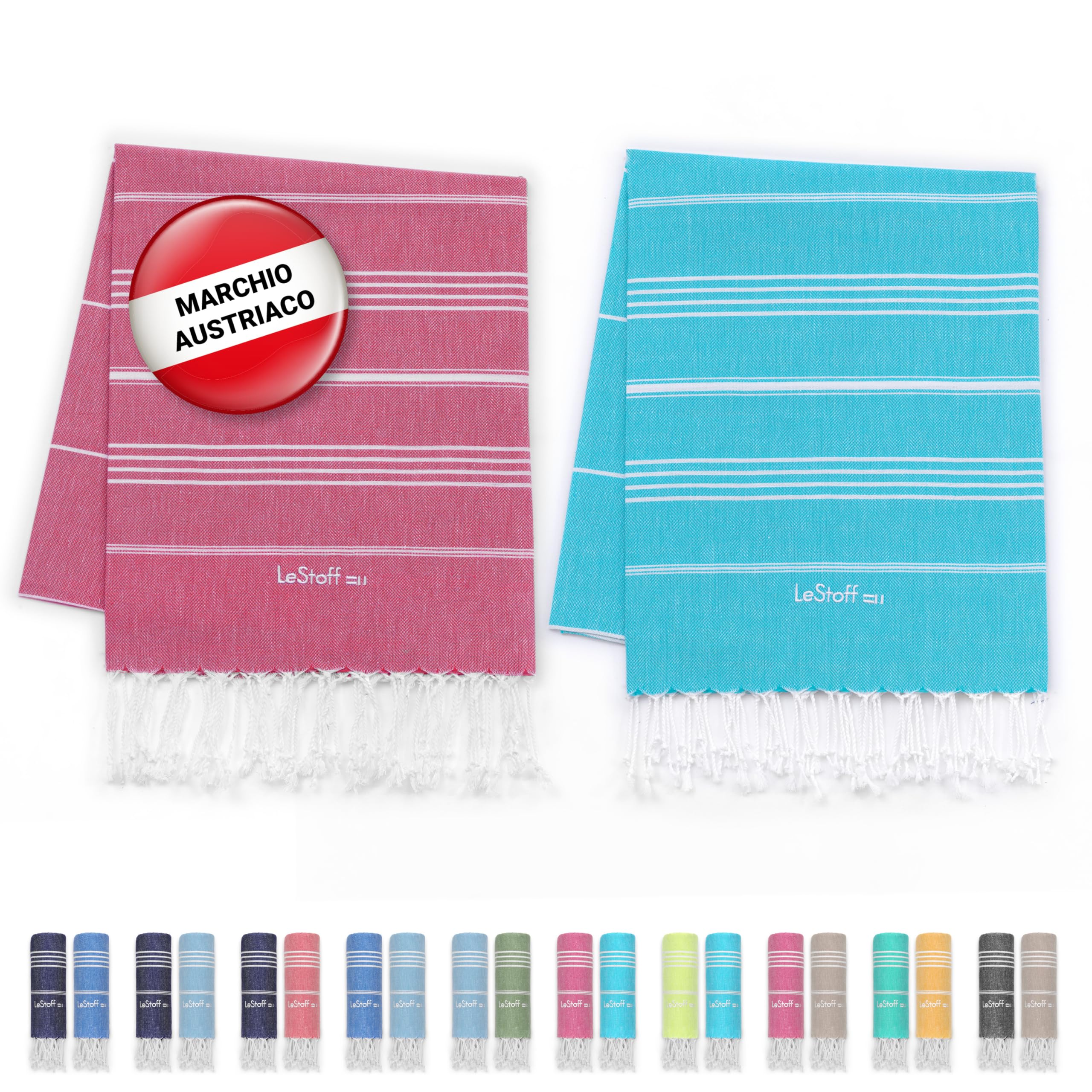 LeStoff Telo mare (Set di 2) - 100% Cotone bio, 95 x 180 cm, Prelavato, Assorbente, Asciugatura Rapida, Leggero, Fouta, Telo Spiaggia, Telo Bagno, Telo Sauna, Asciugamano Sportivo (Fuchsia - Aqua)