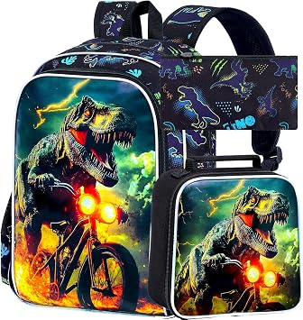 KLFVB 3PCS Dinosaur Elementary Backpacks Set, Water Resistant 16 Inch Bookbag for Boys & Preschool Bookbag with Lunch Box - Bicycle Dinosaur