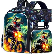 KLFVB 3PCS Dinosaur Elementary Backpacks Set, Water Resistant 16 Inch Bookbag for Boys & Preschool Bookbag with Lunch Box - Bicycle Dinosaur